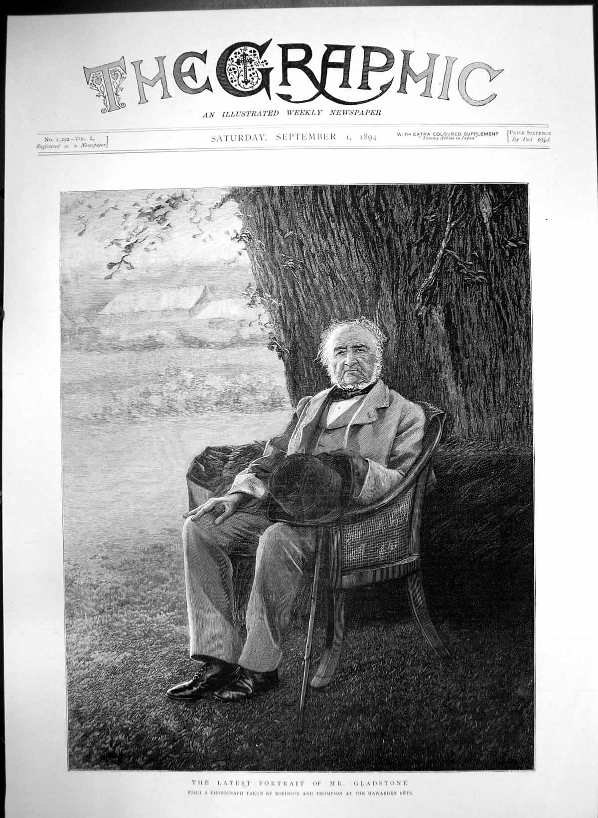 Original Old Antique Print Latest Portrait Mr Gladstone Hawarden Fete 1894 19th
