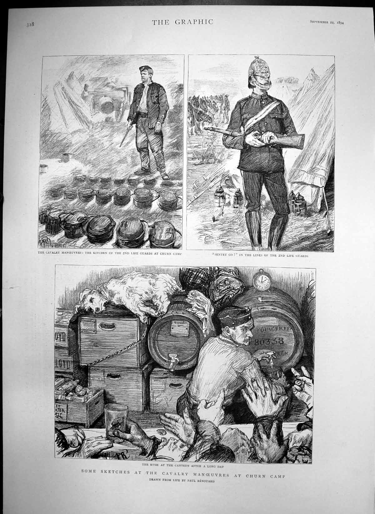 Antique Old Print Cavalry Manoeuvres Churn Camp Kitchen Canteen Sentry 1894