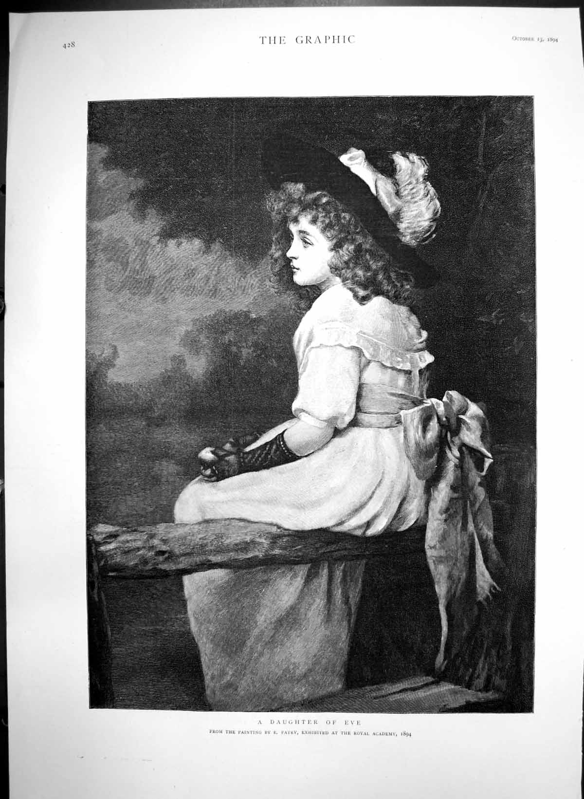 Old Antique Print Daughter Eve E Patry Girl Curls Hat Sitting Bench 1894 19th