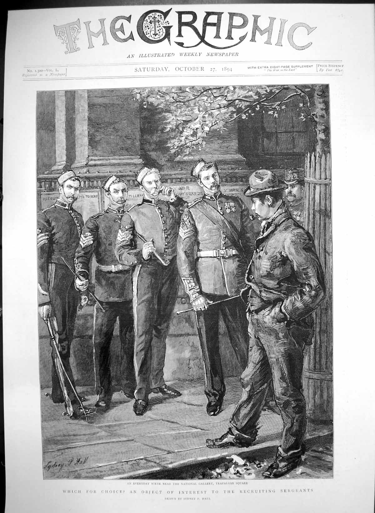 Original Old Antique Print Man Hat Recruiting Sergeants Trafalgar Square 1894