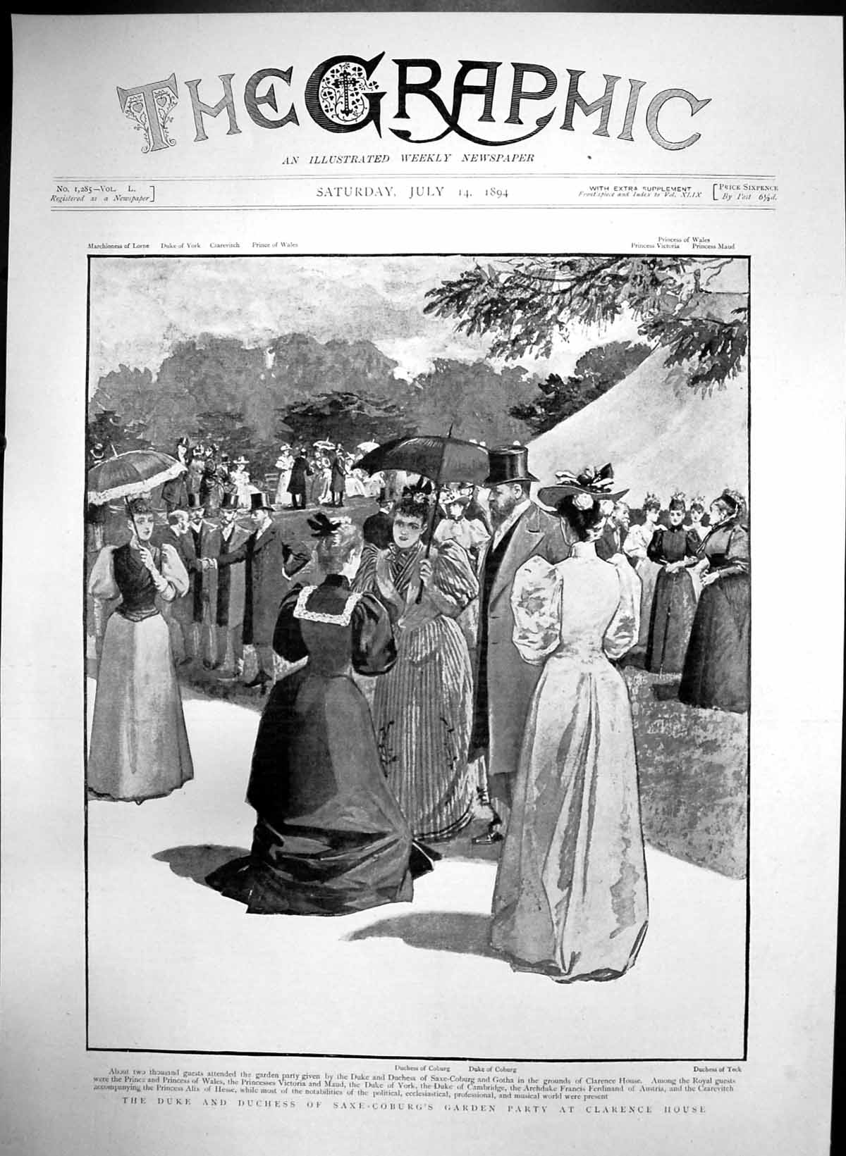 Antique Old Print Duke Duchess Saxe-Coburgs Garden Party Clarence House 1894