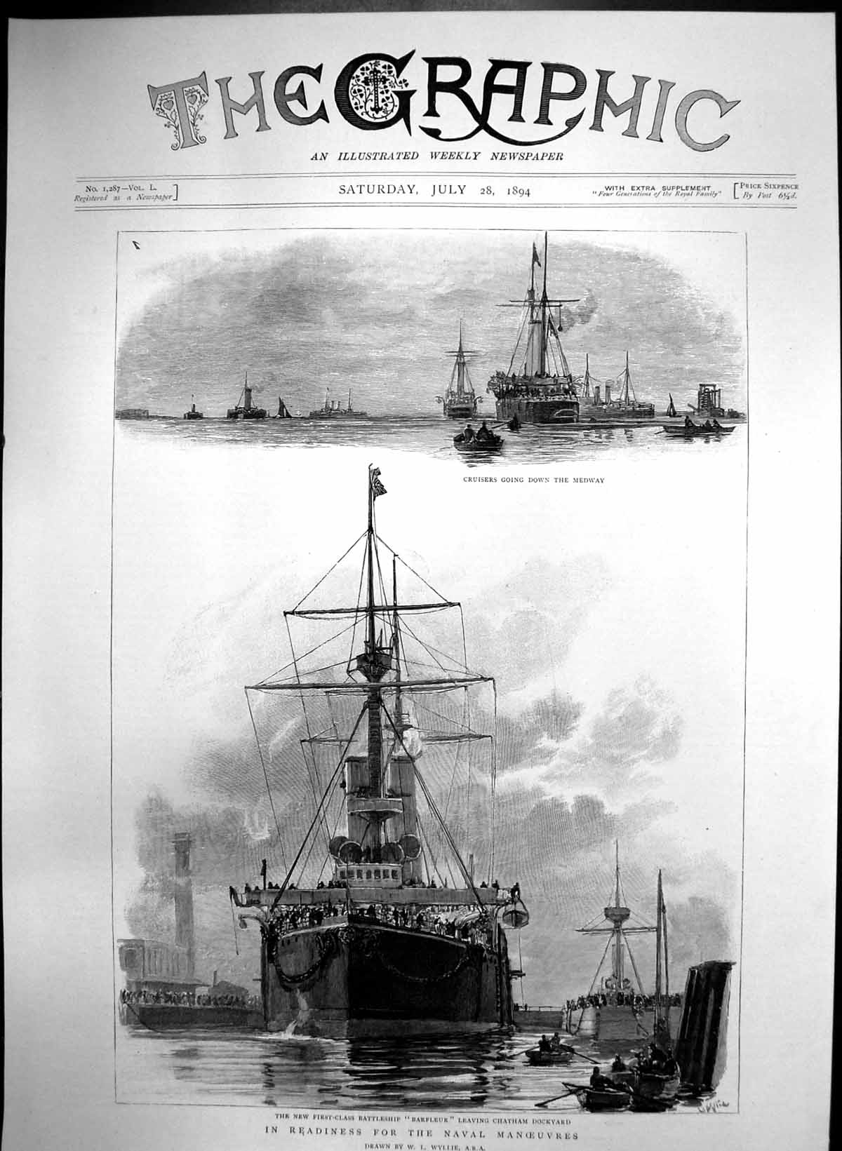 Antique Print New First Class Battleship Barfleur Leaving Chatham Dock 1894