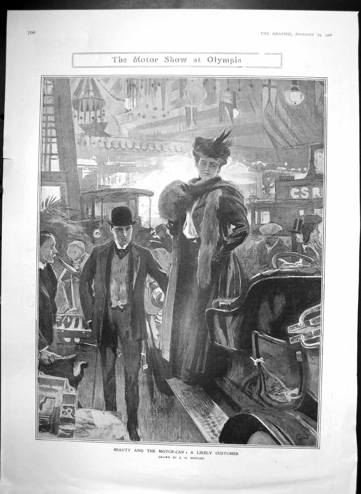 Antique Old Print Motor Show Olympia Beauty Motor Car Likely Customer 1906 20th