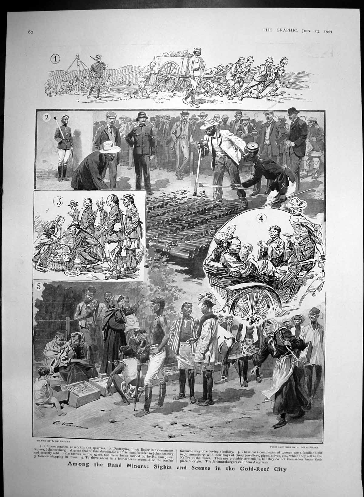 Antique Old Print Rand Miners GReef City Chinese Convicts Quarries Work 1907