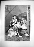 Antique Old Print Pampered Morsel Children On Stairs Feeding Cat Plate 1887