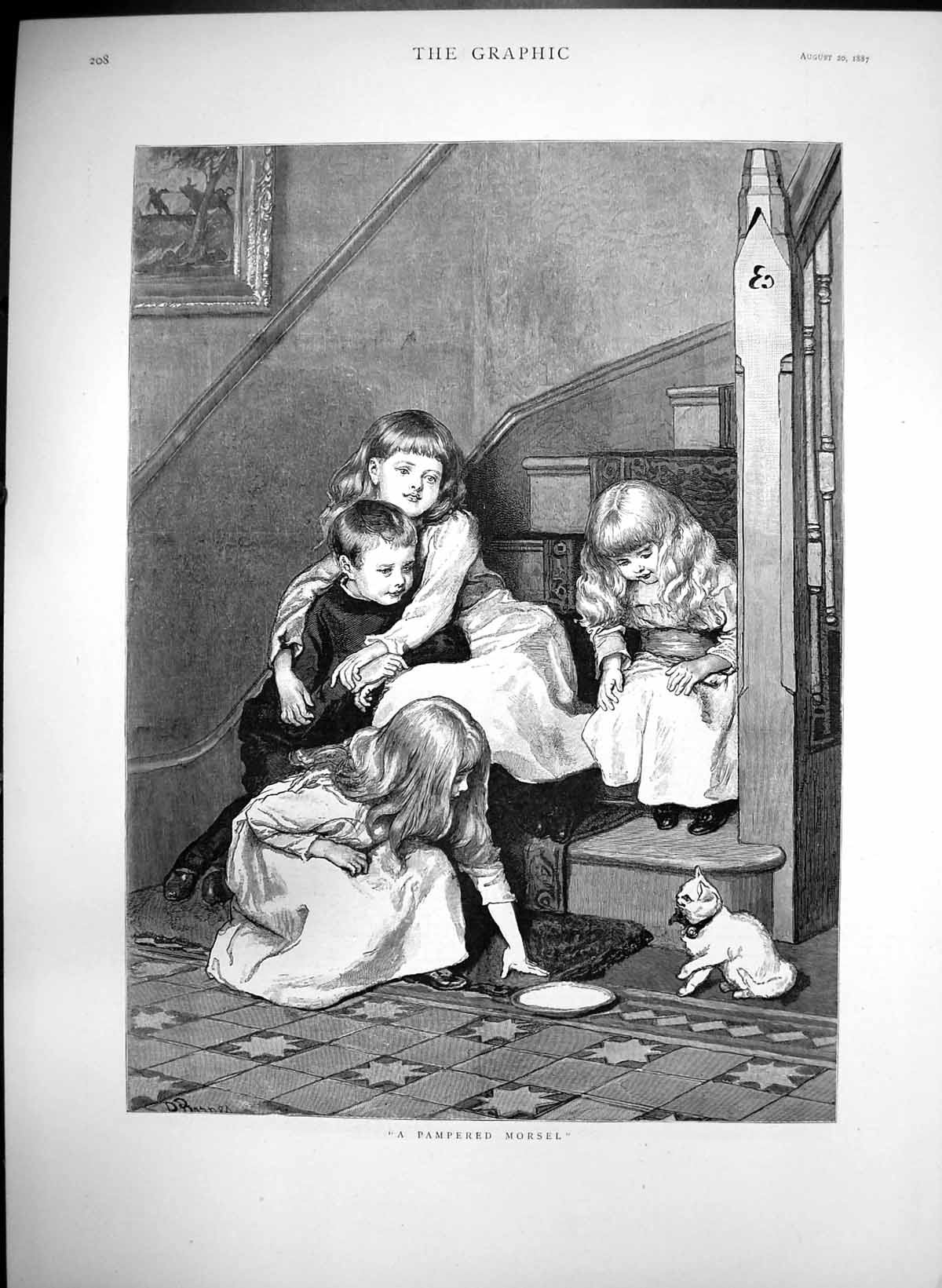 Antique Old Print Pampered Morsel Children On Stairs Feeding Cat Plate 1887