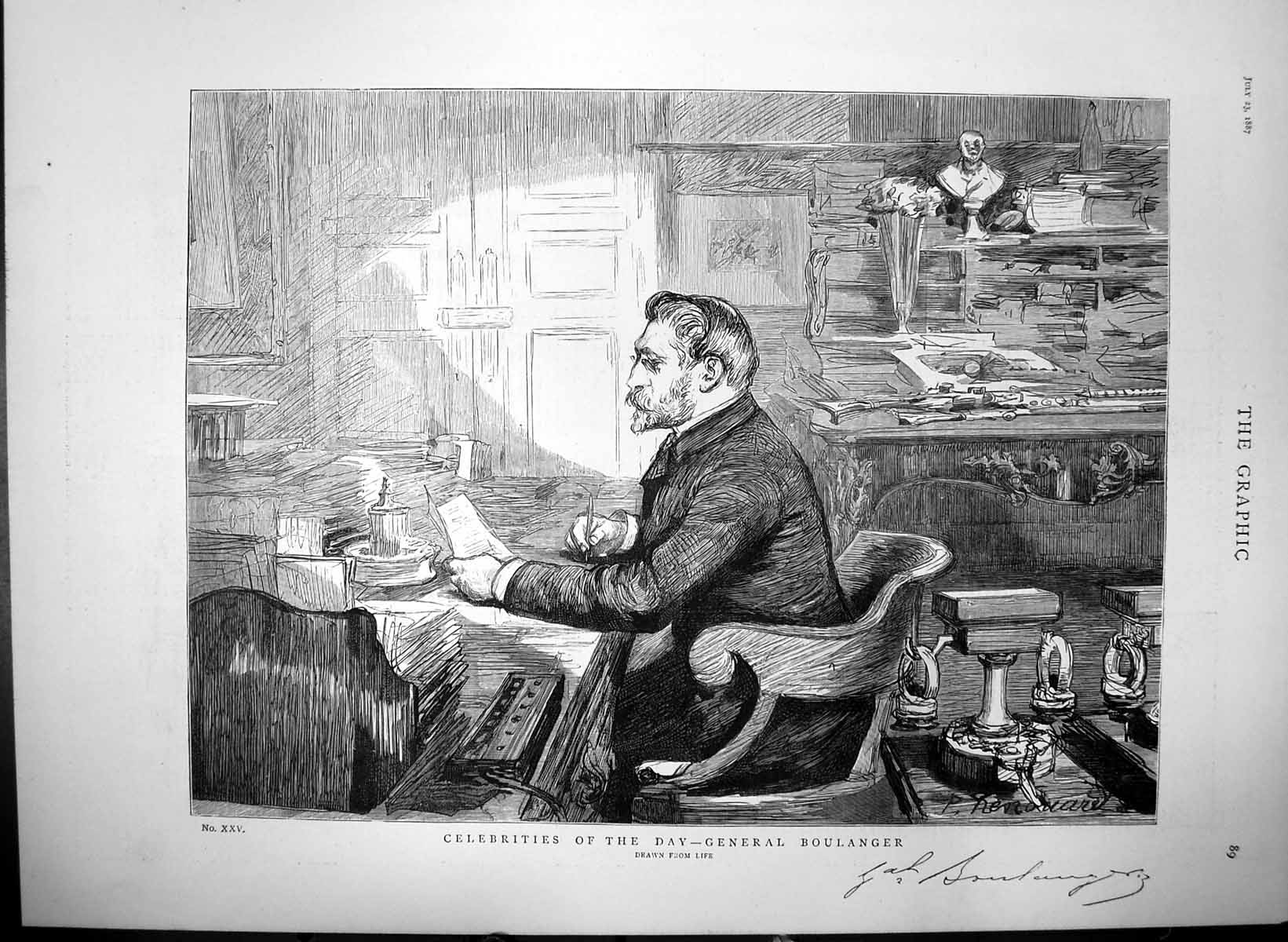 Old Antique Print Celebrities Day General Boulanger Writing At Desk 1887 19th