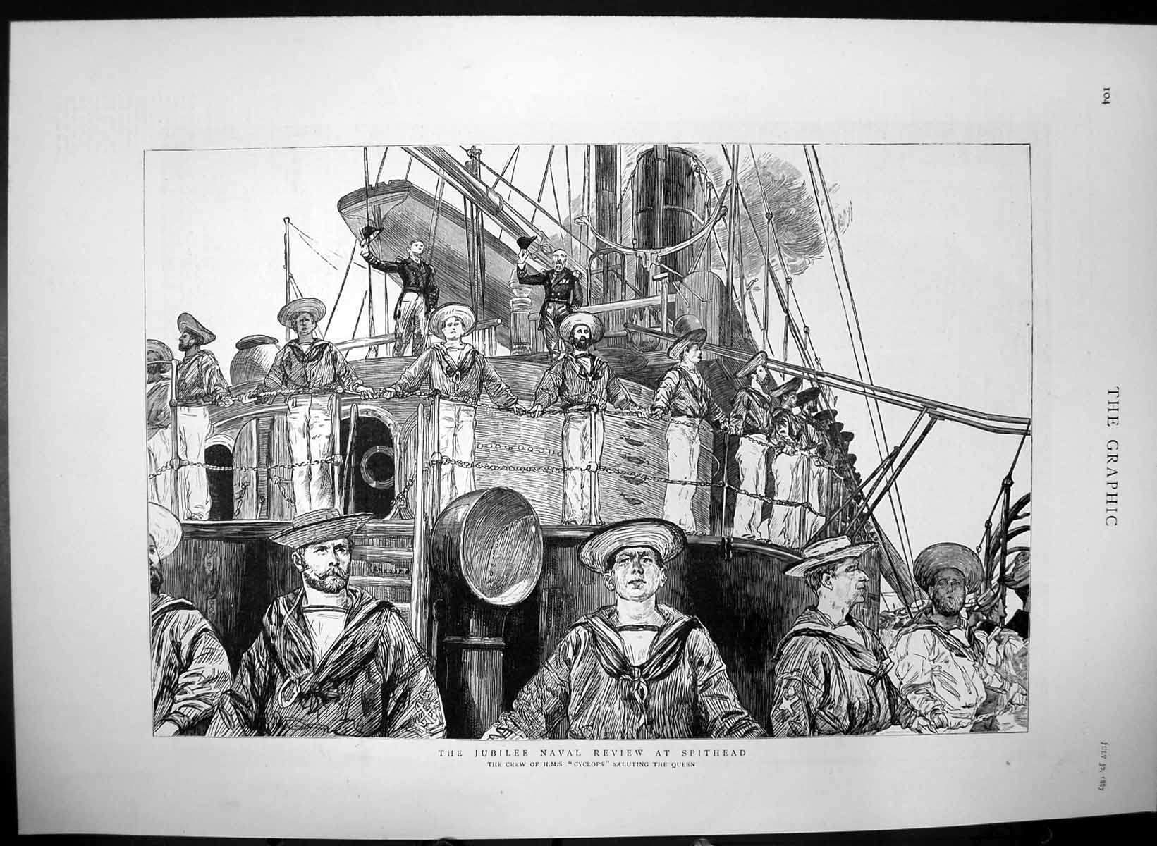 Antique Old Print Naval Review Spithead Crew Hms Cyclops Saluting Queen 1887