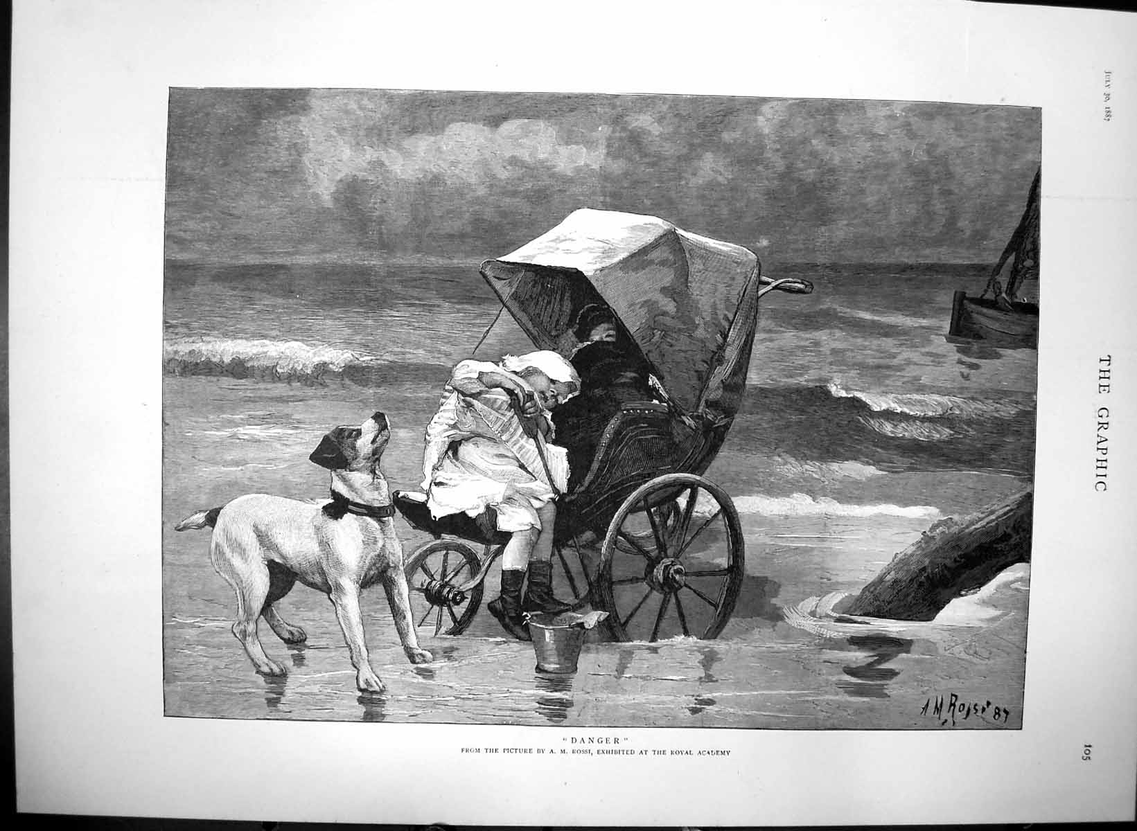 Original Old Antique Print Danger Am Rossi Dog Children Pram Water Seaside 1887