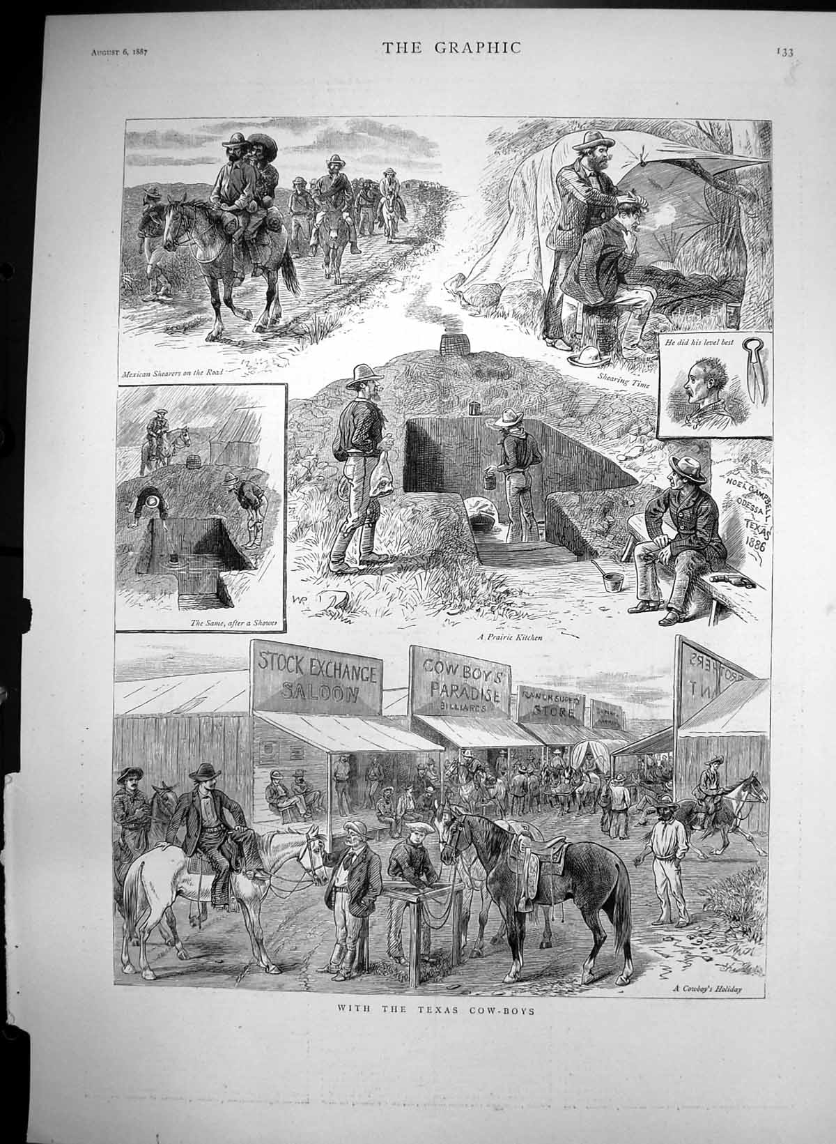 Antique Old Print With Texas Cowboys Mexican Shearers Prairie Kitchen 1887 19th