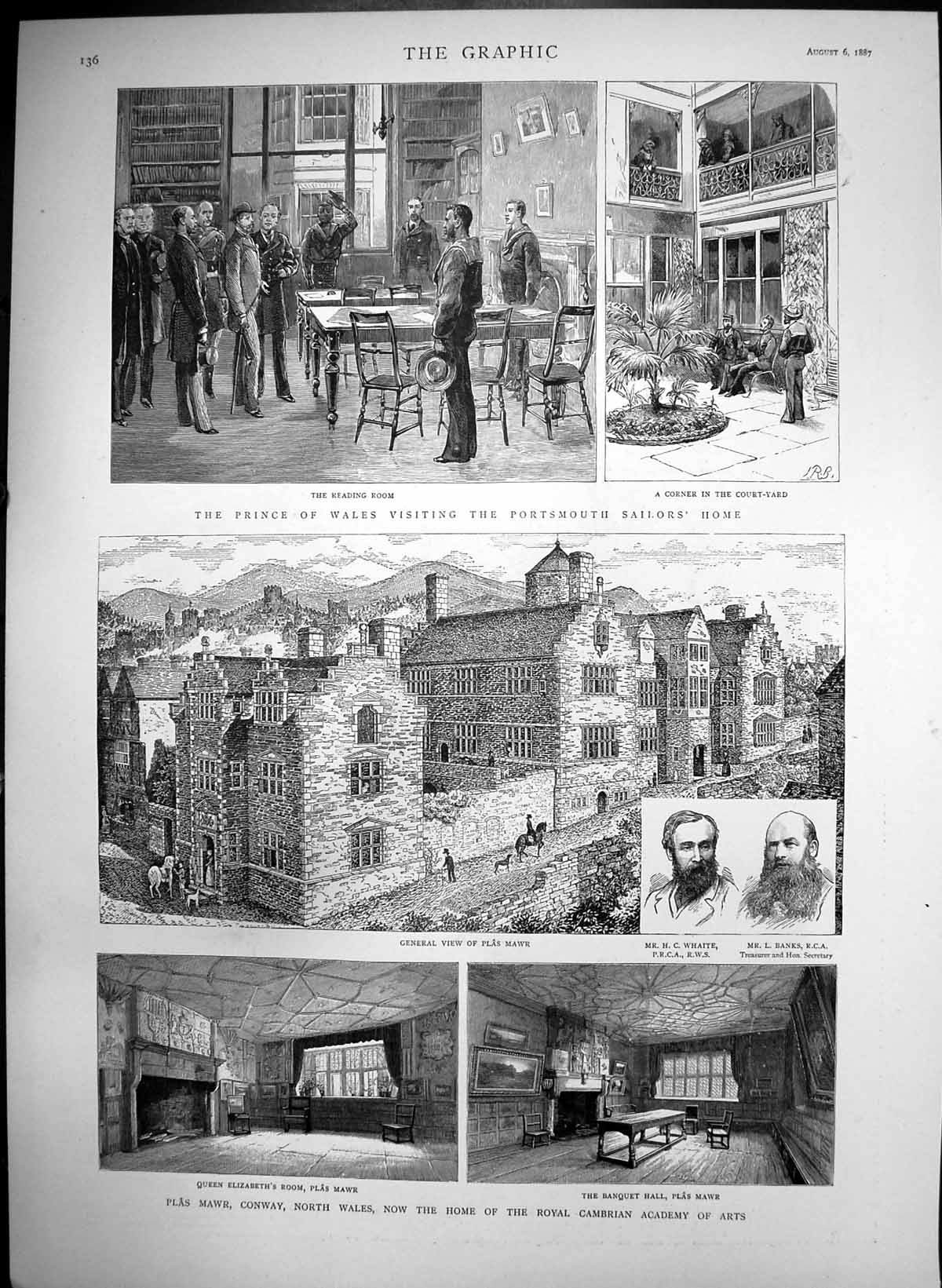 Antique Old Print Prince Wales Portsmouth Sailors Home Plas Mawr N Wales 1887