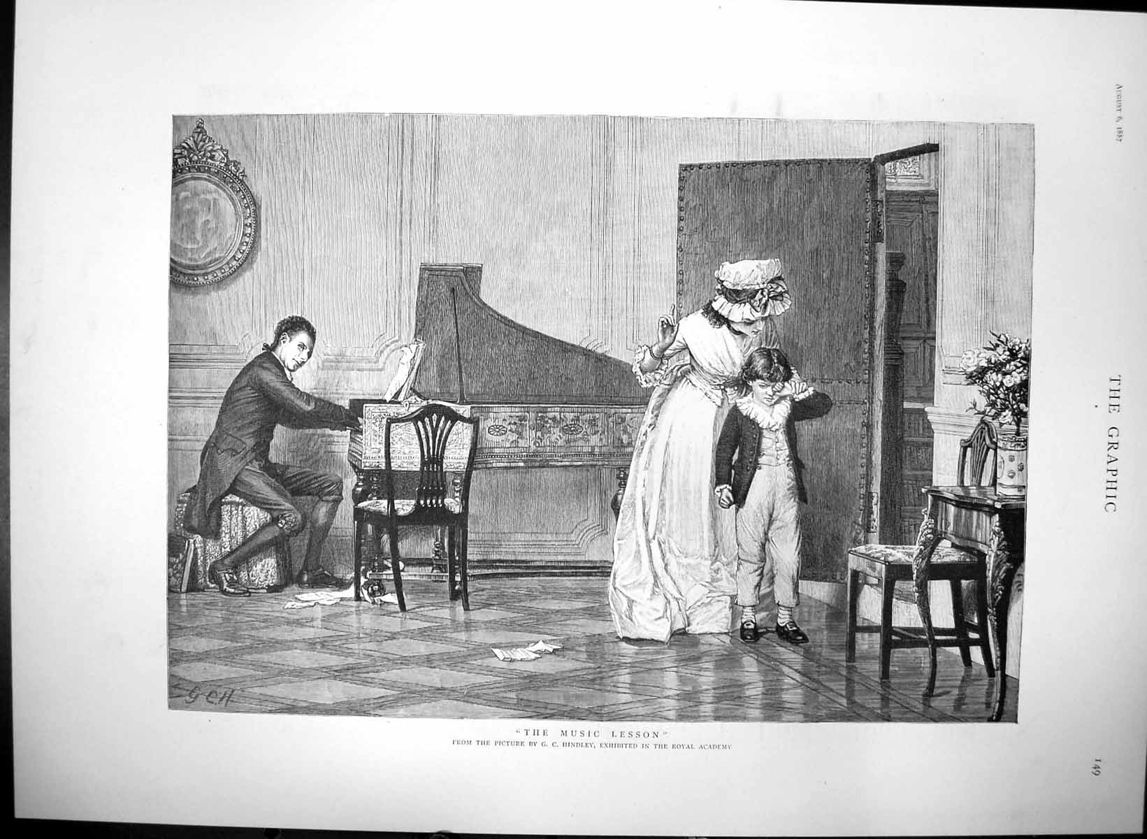 Original Old Antique Print Music Lesson Gc Hindley Boy Tears Piano Player 1887