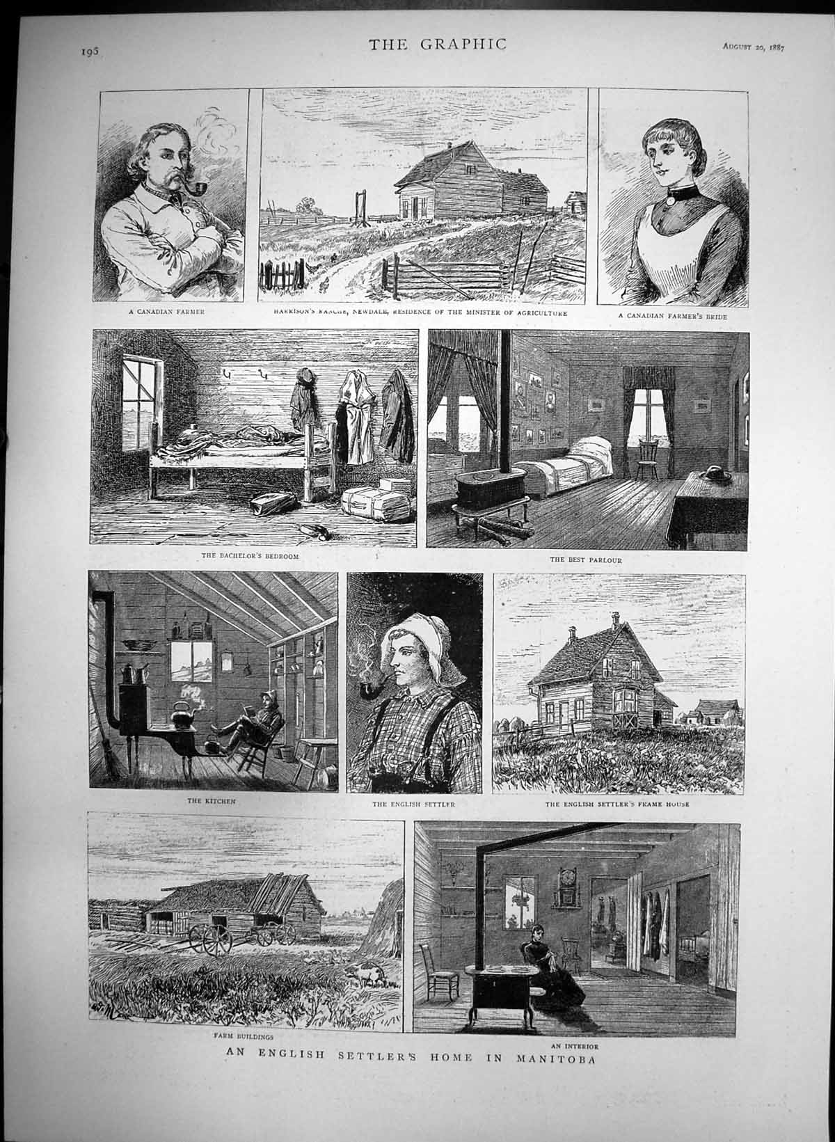 Antique Old Print English Settlers Home Manitoba Canadian Farmer Parlour 1887