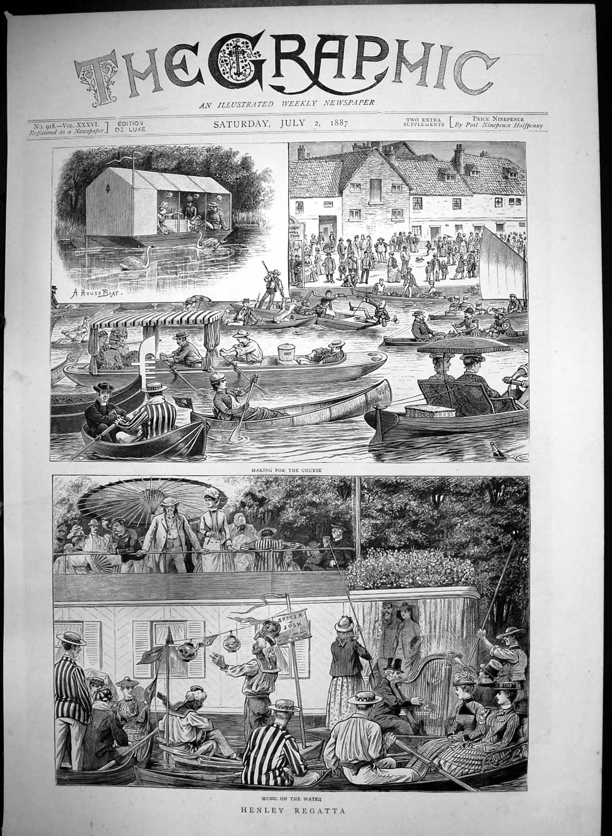 Antique Old Print Henley Regatta Houseboat Music Water Making For Course 1887