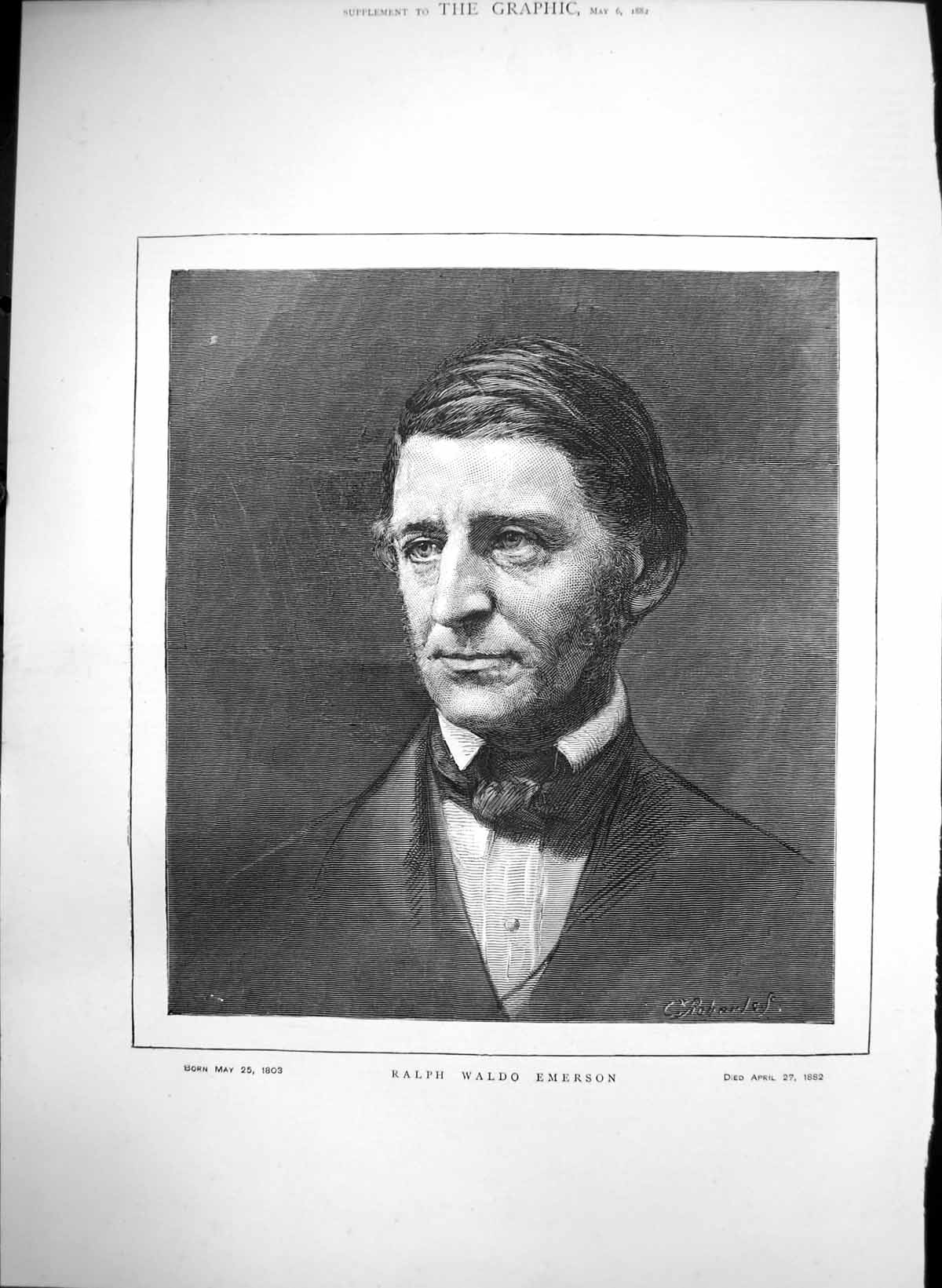 Original Old Antique Print Ralph Waldo Emerson Born 1803 Died Napoleonic Era