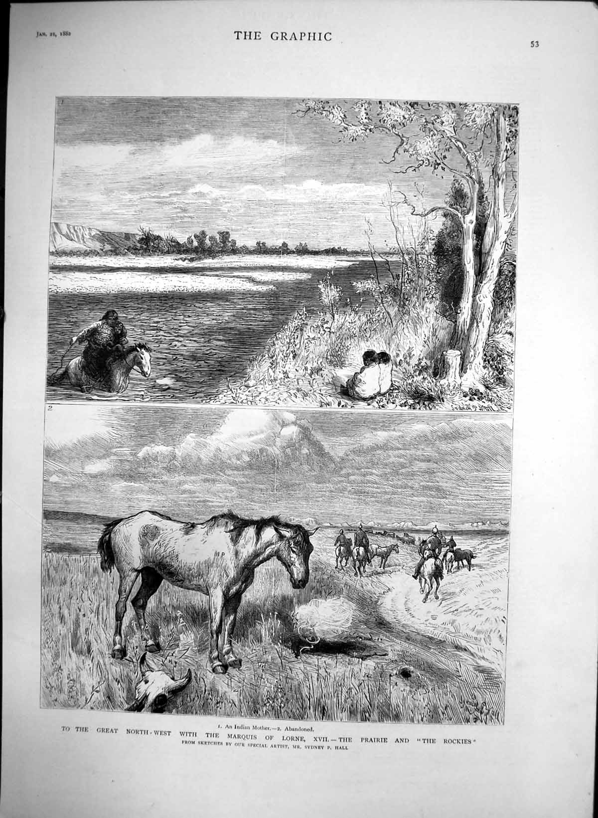 Antique Old Print Great North West Marquis Lorne Prairie Rockies Horses 1882