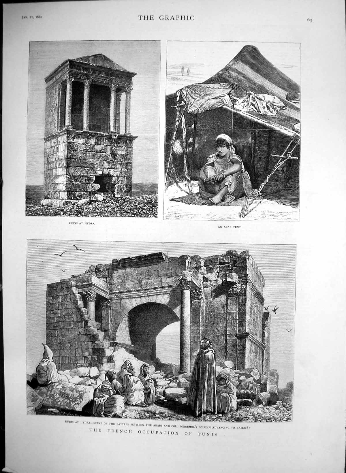 Antique Print French Occupation Tunis Ruins Hydra Battle Arabs Forgemol1882