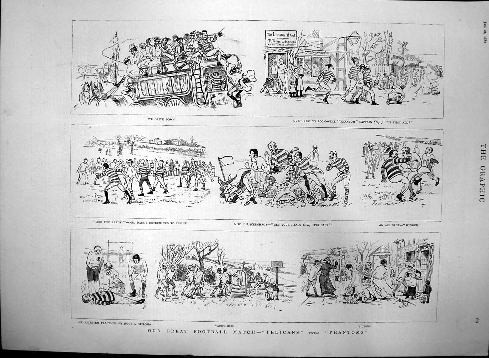 Old Antique Print Great Football Match Pelicans Phantoms Mr Cheetem 1882 19th