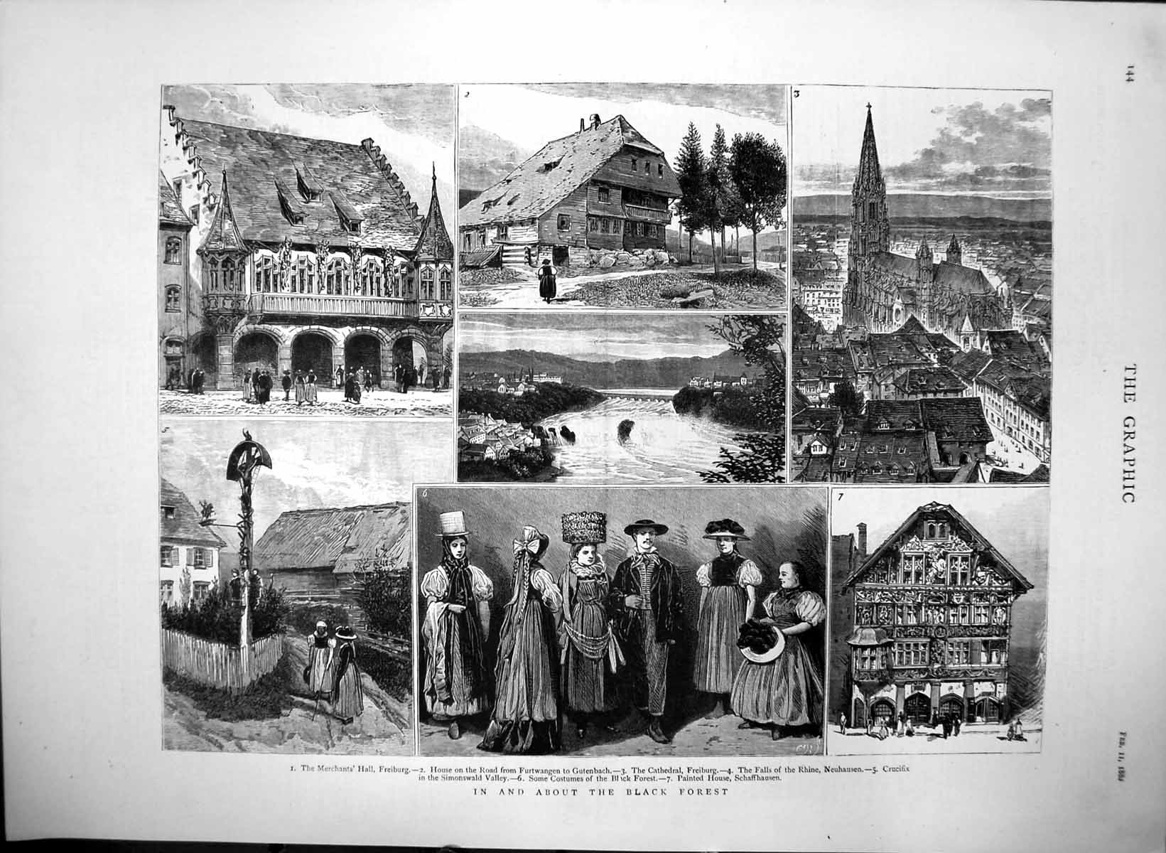 Antique Old Print Black Forest Cathedral Freiburg Falls Rhine Neuhasen 1882