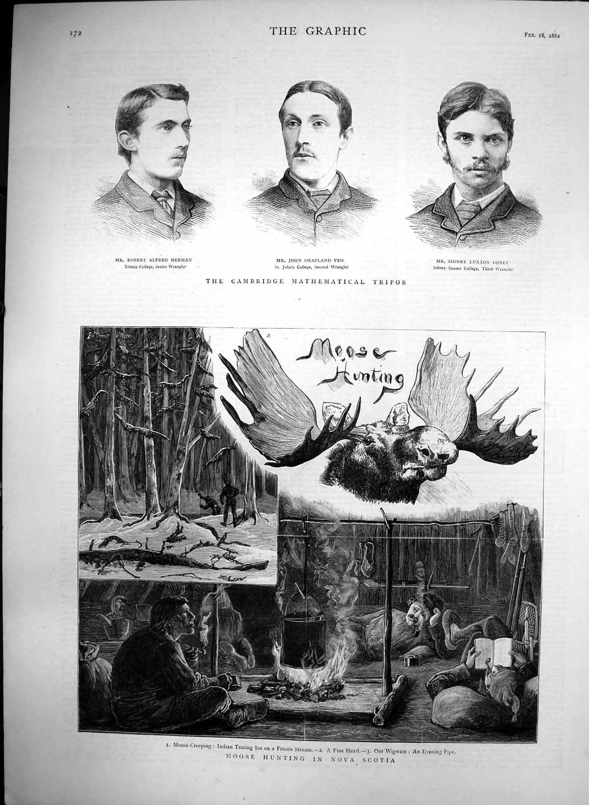 Antique Print Moose Hunting Nova Scotia Cambridge Mathematical Tripos 1882 19th