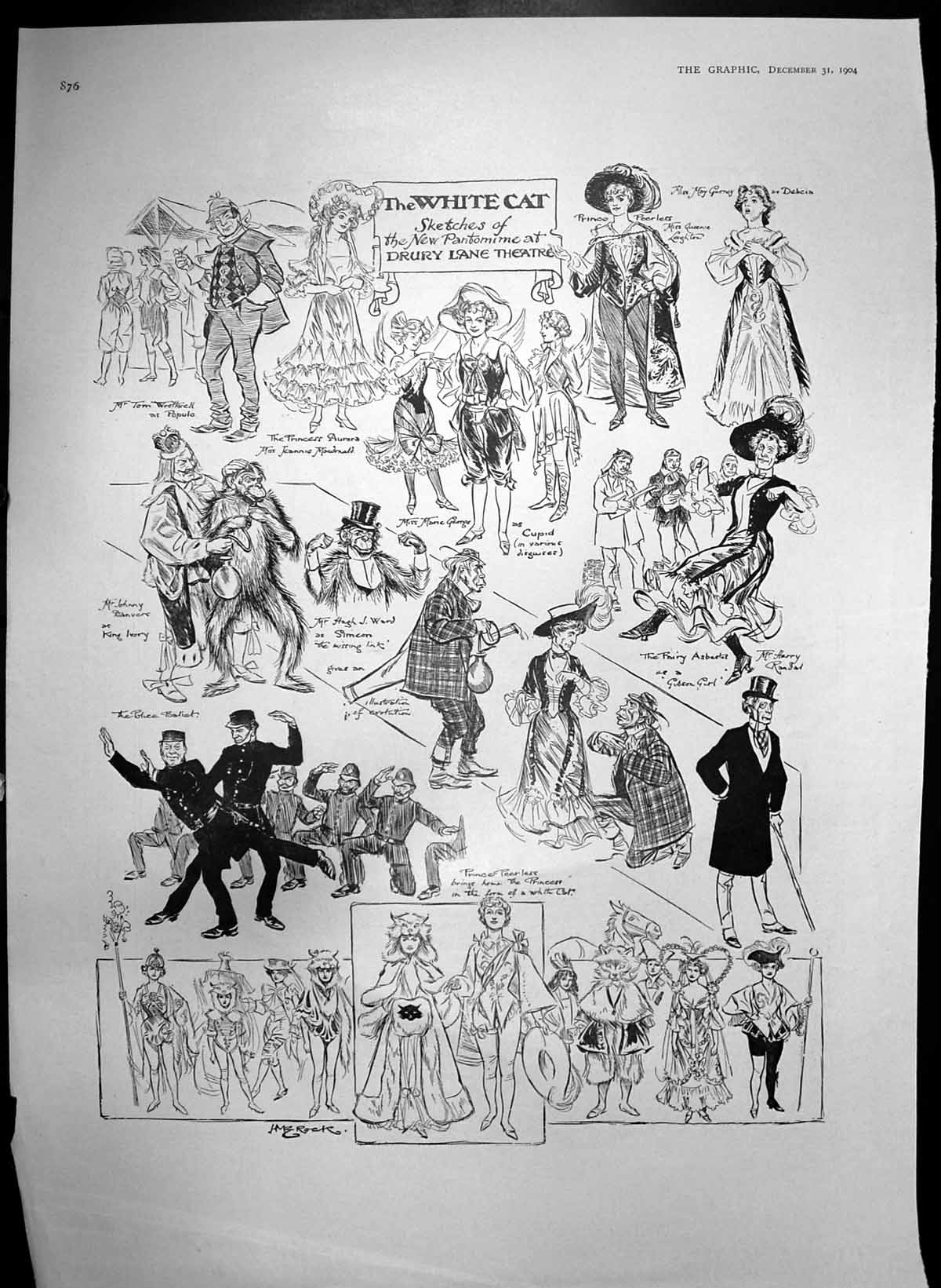 Old Antique Print Sketches New Pantomine White Cat Drury Lane Cupid 1904 20th