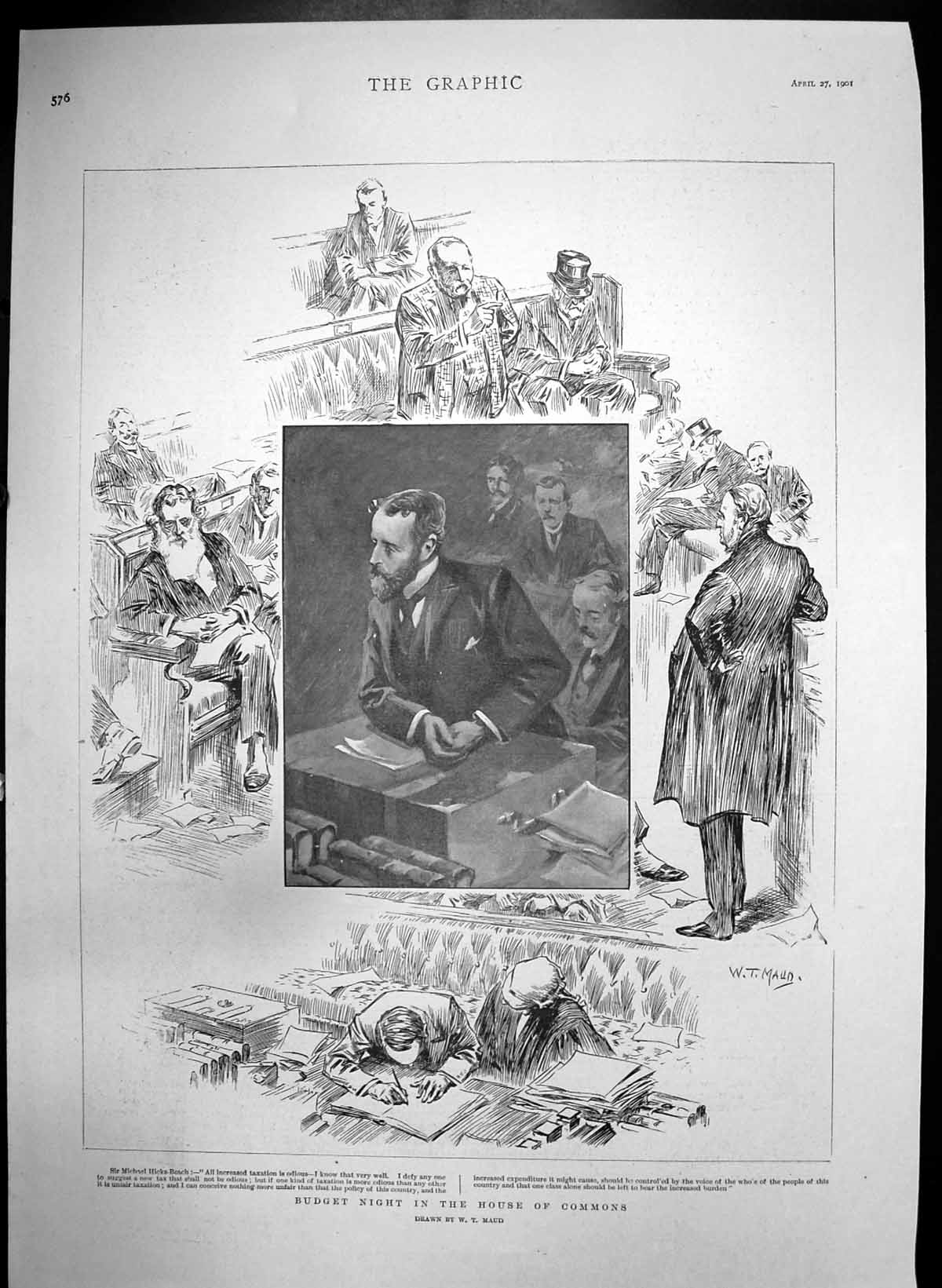 Antique Old Print Budget Night House Commons Sir Michael Hicks-Beach Tax 1901