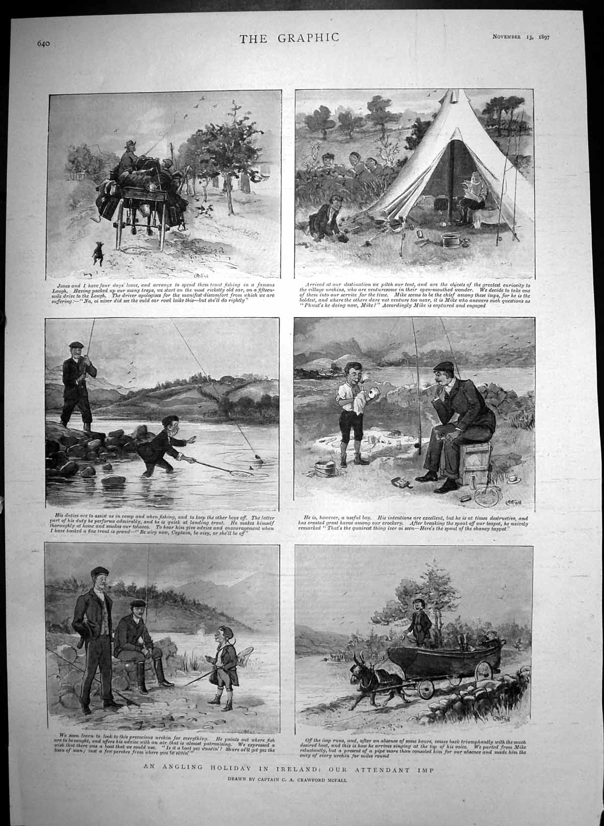 Antique Old Print Angling Holiday Ireland Trout Fishing Lough Camp Tent 1897