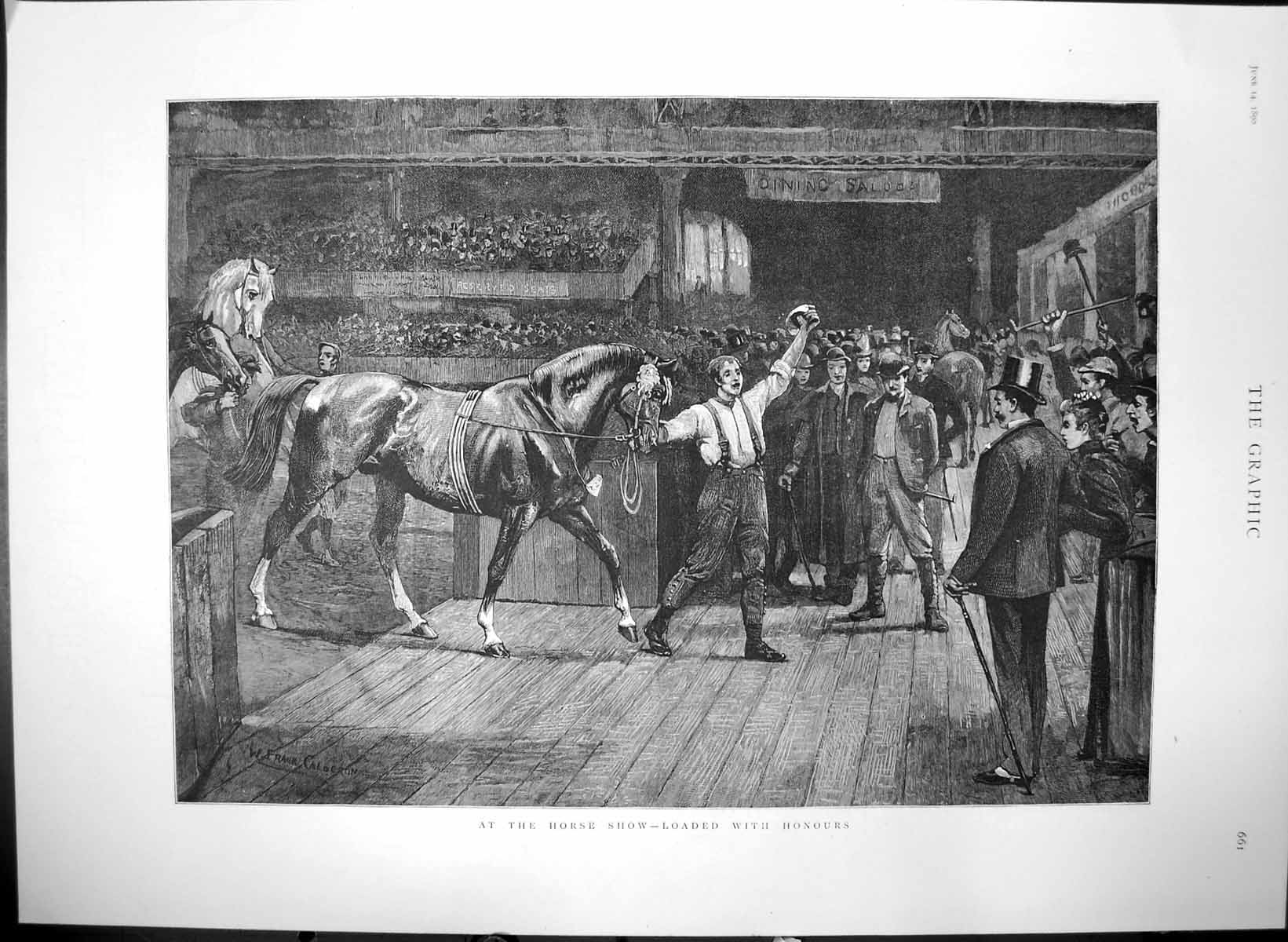 Original Old Antique Print At Horese Show Loaded With Honours Crowds Watch 1890