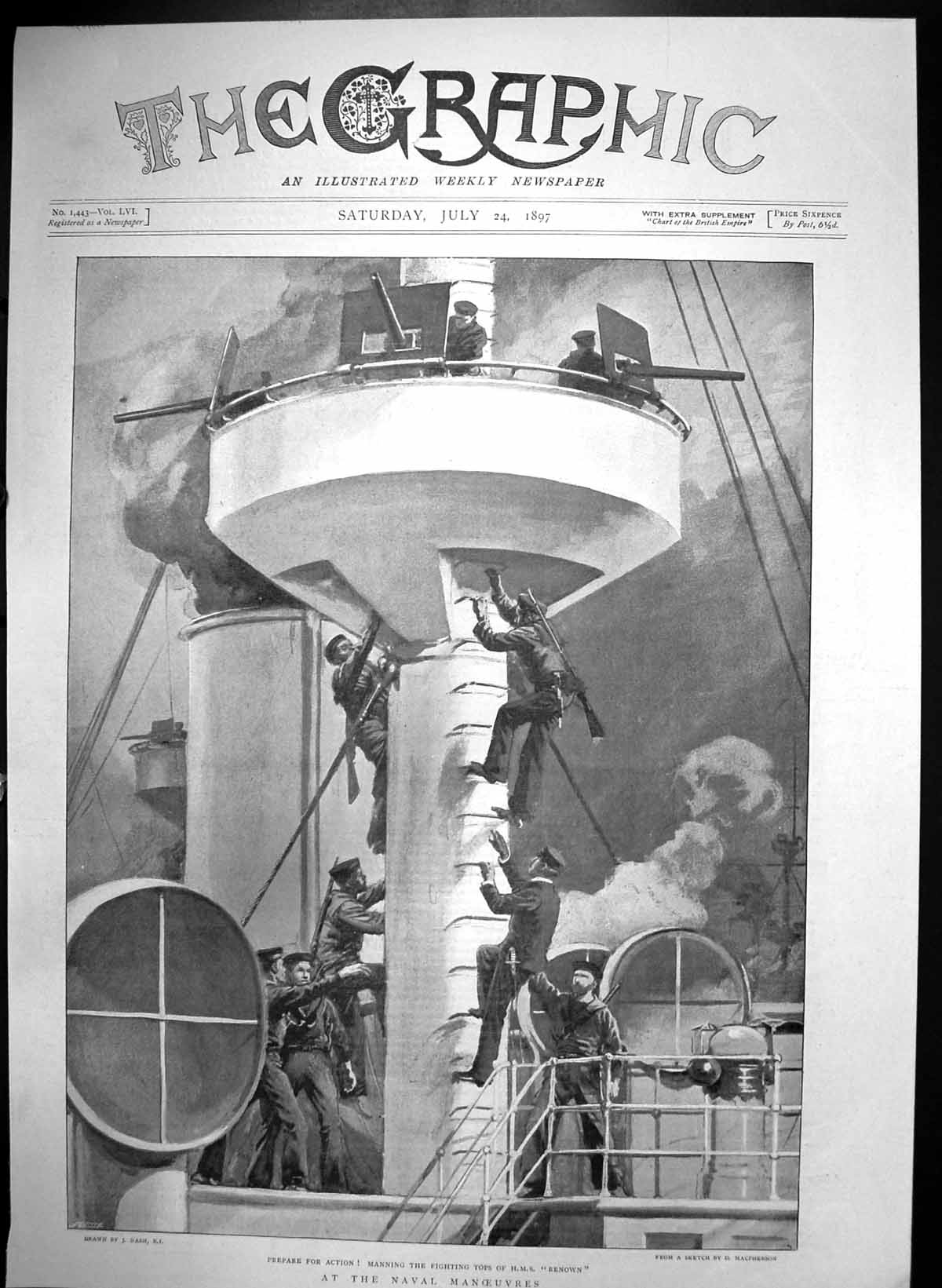 Old Antique Print Naval Manoeuvres Manning Fighting Tops Hms Renown 1897 19th