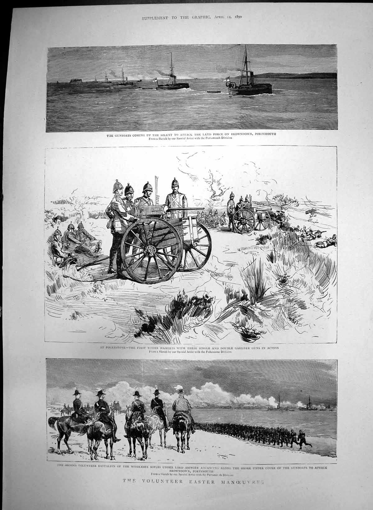 Old Antique Print Volunteer Easter Manoeuvres Browndown Portsmouth 1890 19th