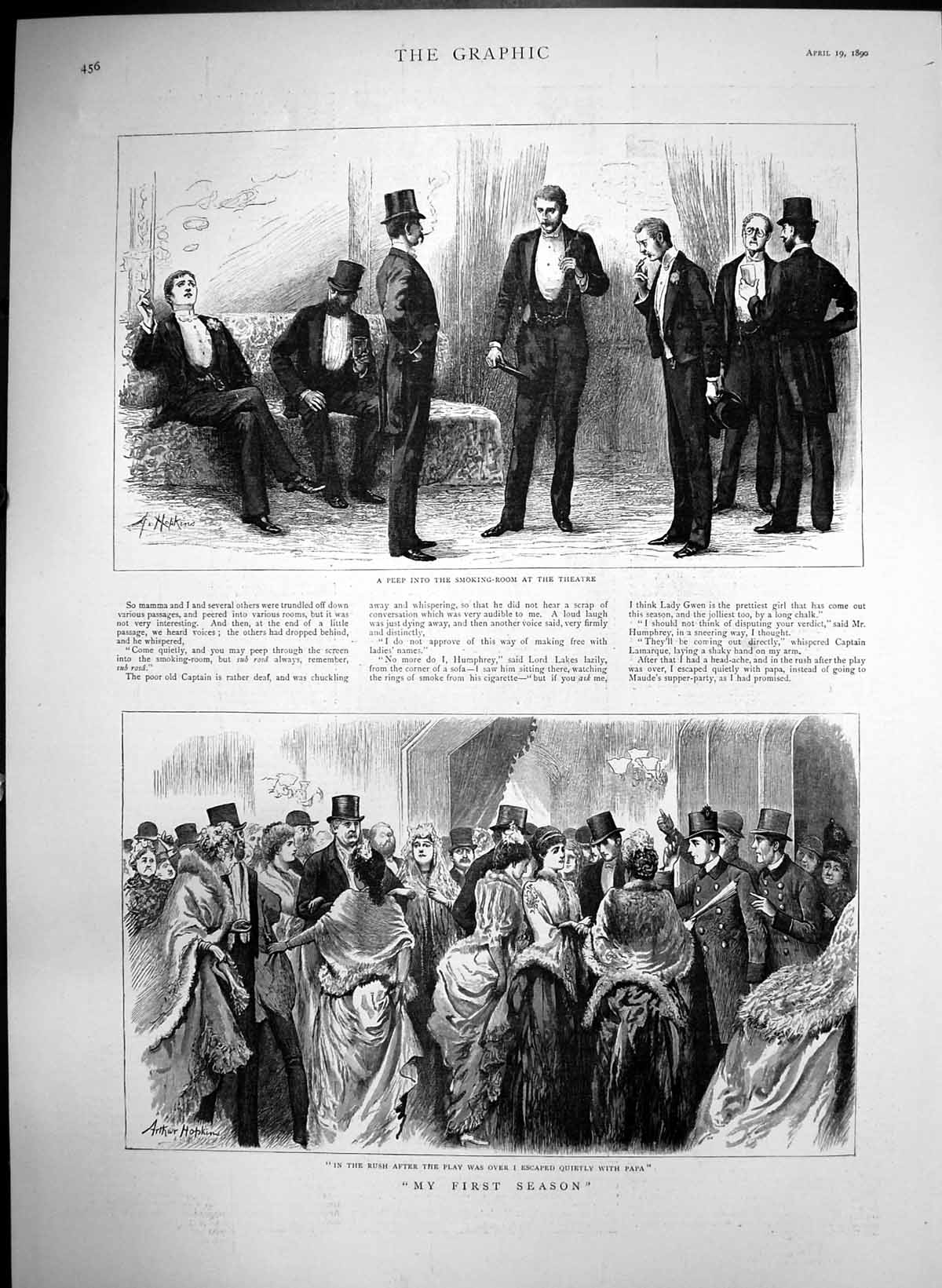 Old Print My First Season Peep Smoking Room Theatre Leave With Papa 1890 19th