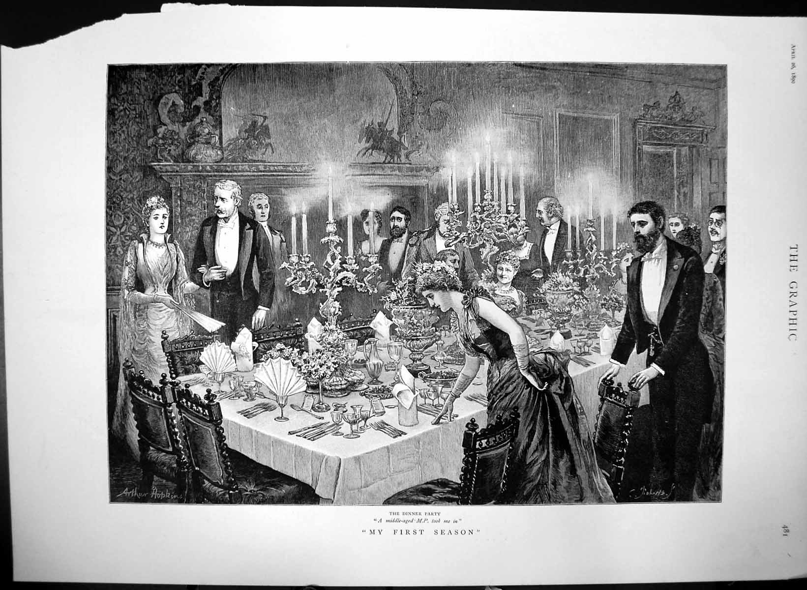 Antique Print My First Season Dinner Party Middle Aged M P Took Me In 1890 19th