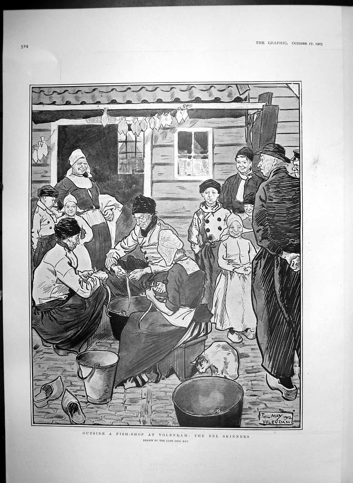 Old Antique Print Outside Fish-Shop Volendam Eel Skinners Phil May 1903 20th