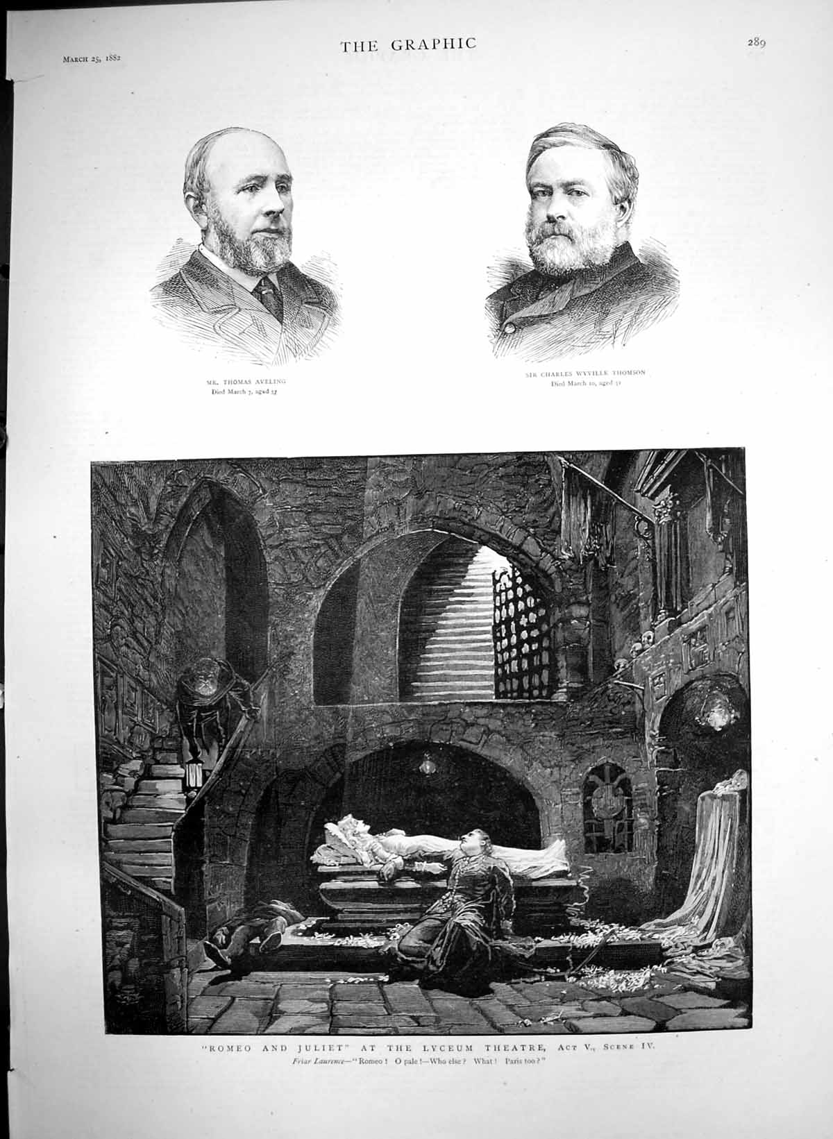 Old Antique Print Romeo Juliet Lyceum Thomas Aveling Charles Thomson 1882 19th
