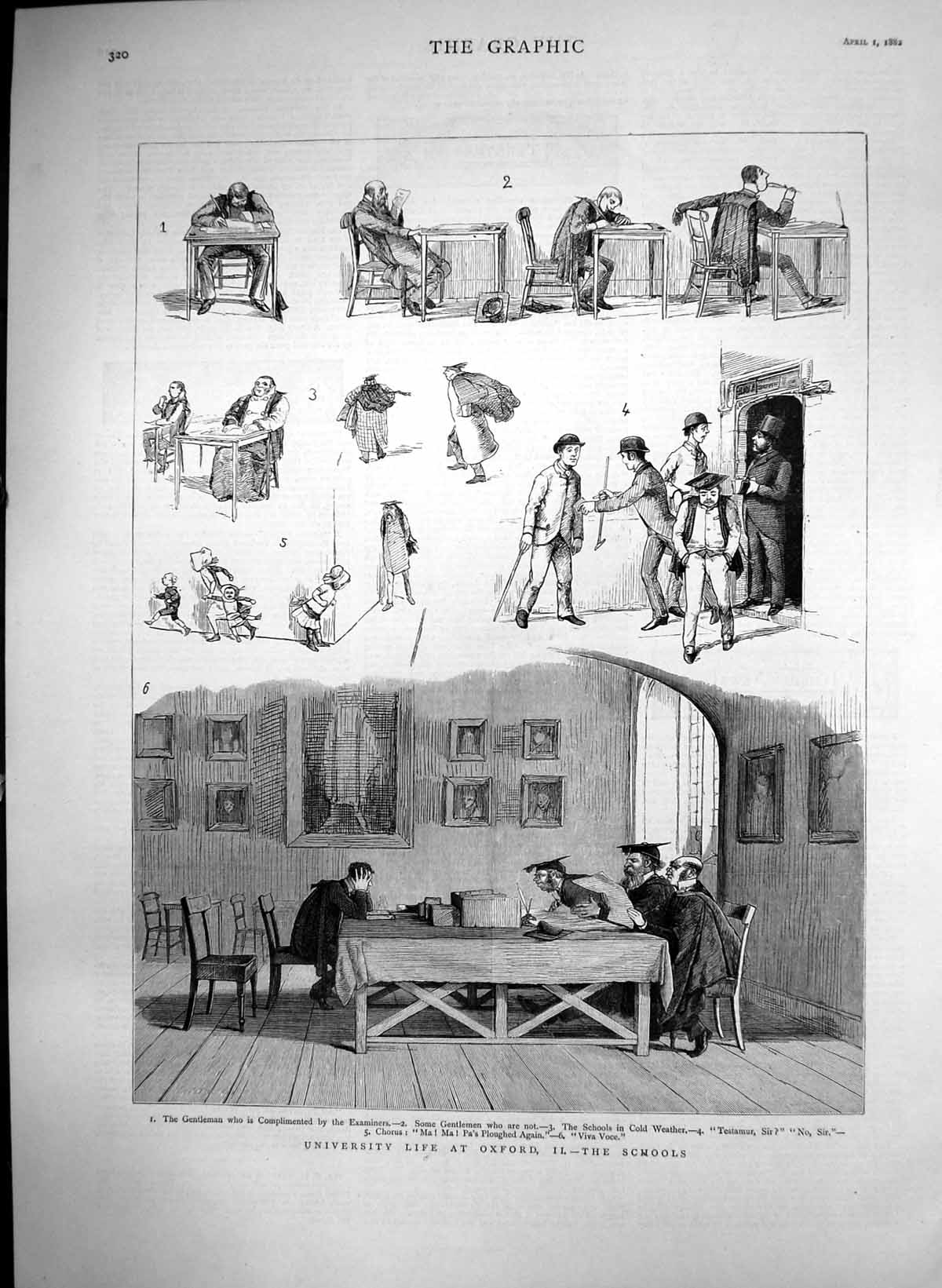 Antique Old Print University Life Oxford Schools Scholars Masters Desks 1882