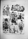 Old Print Military Sketches Edinburgh Castle Bagpipes Bugler Sentry 1882 19th