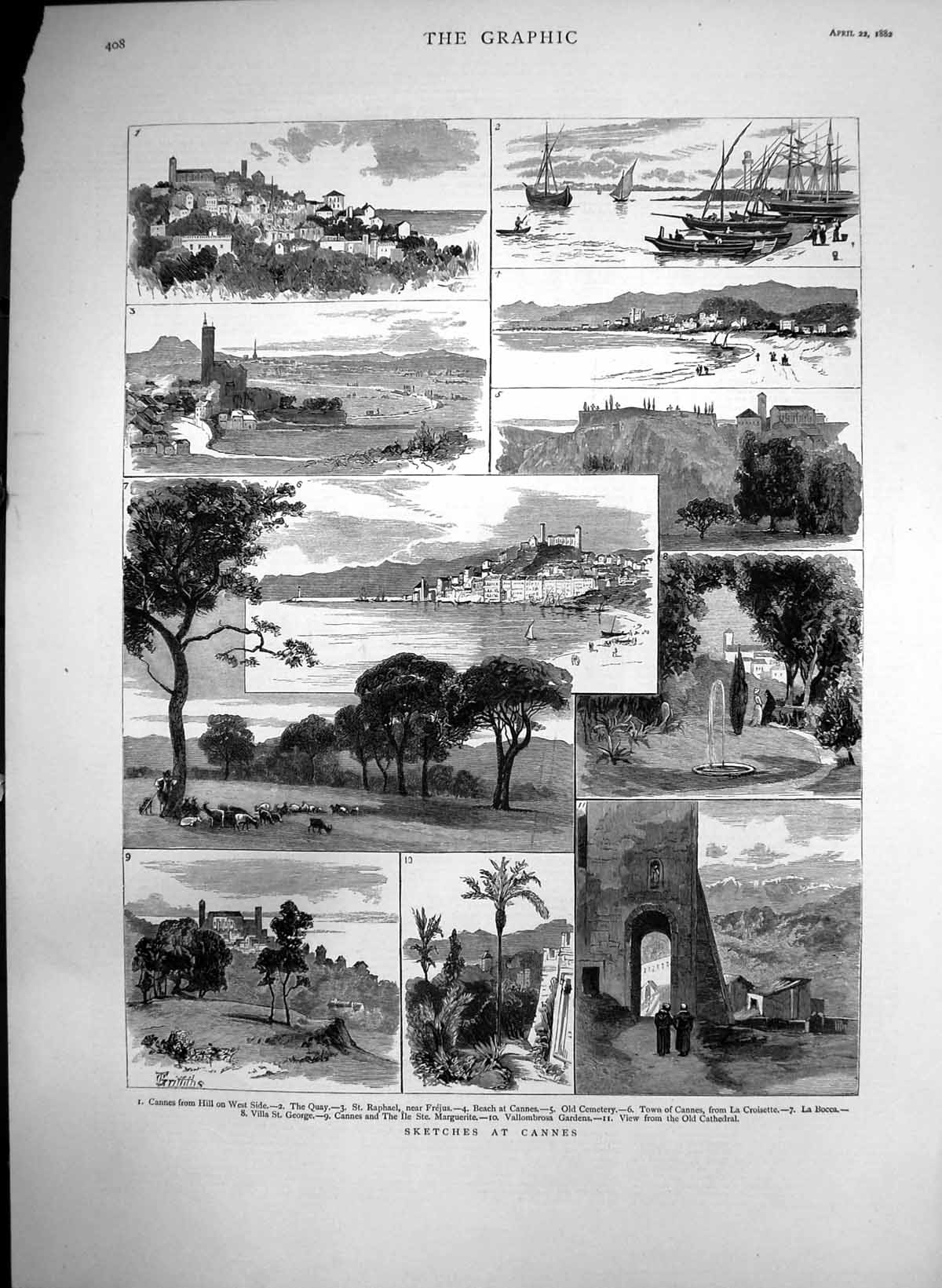 Antique Old Print Sketches Cannes Quay St Raphael Vallombrosa Gardens 1882 19th