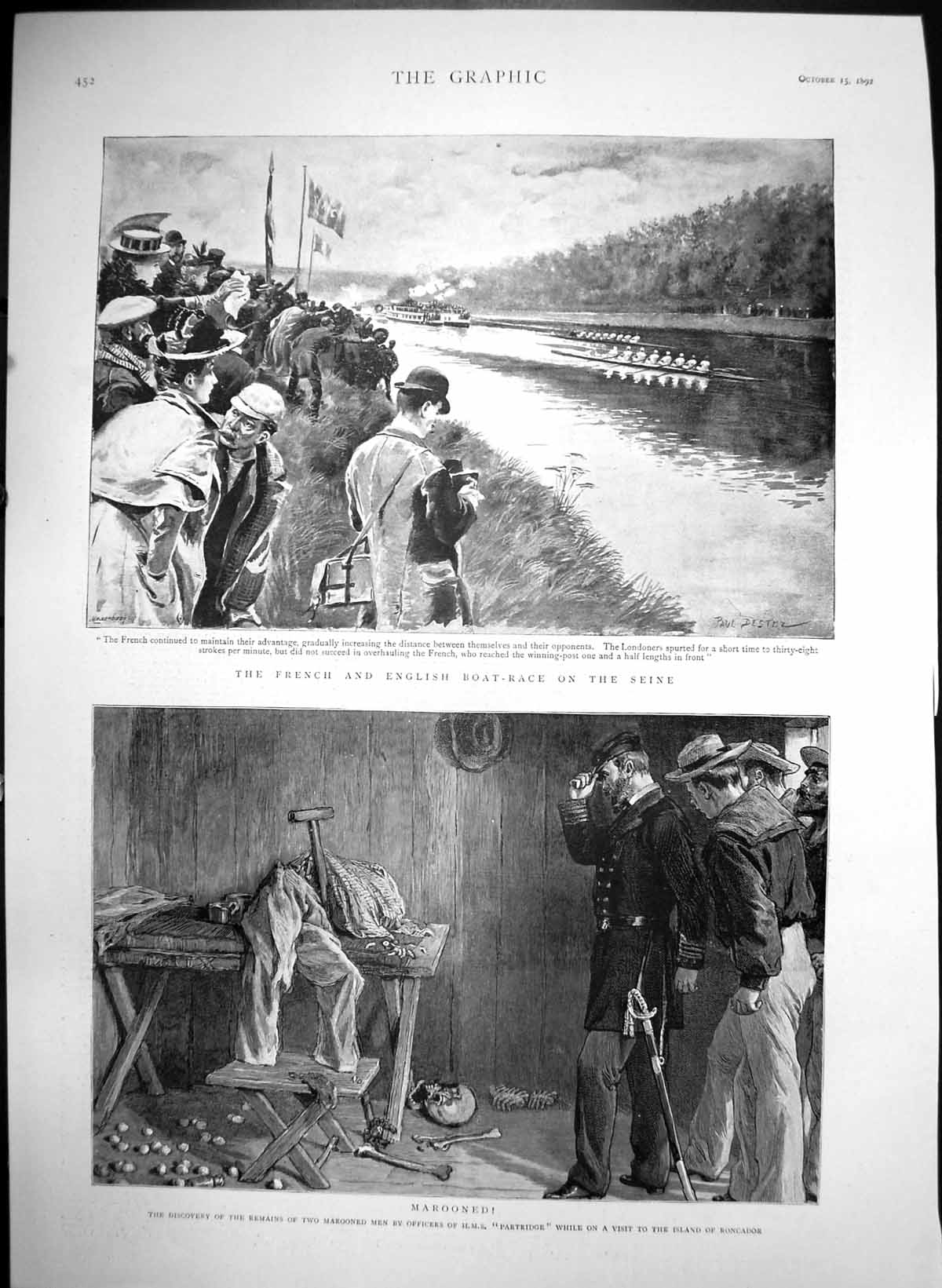 Old Print French English Boat Race Seine RemainsMen Isle Roncador1892