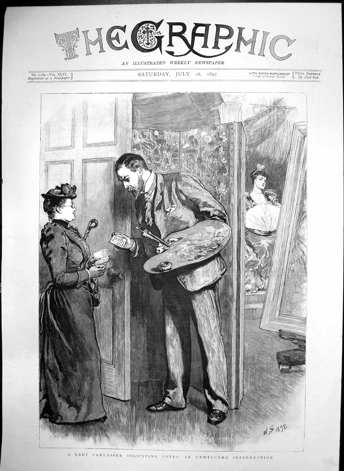 Antique Old Print Lady Canvasser Soliciting Votes Unwelcome Interruption 1892