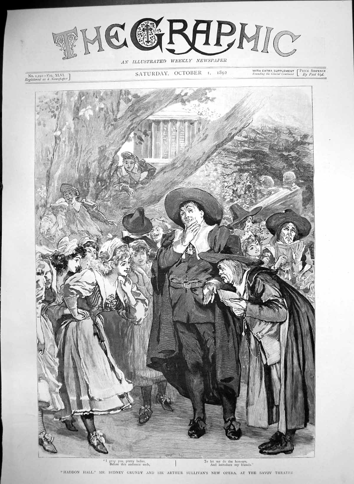Antique Old Print Haddon Hill Opera Savoy Sydney Grundy Arthur Sullivan 1892