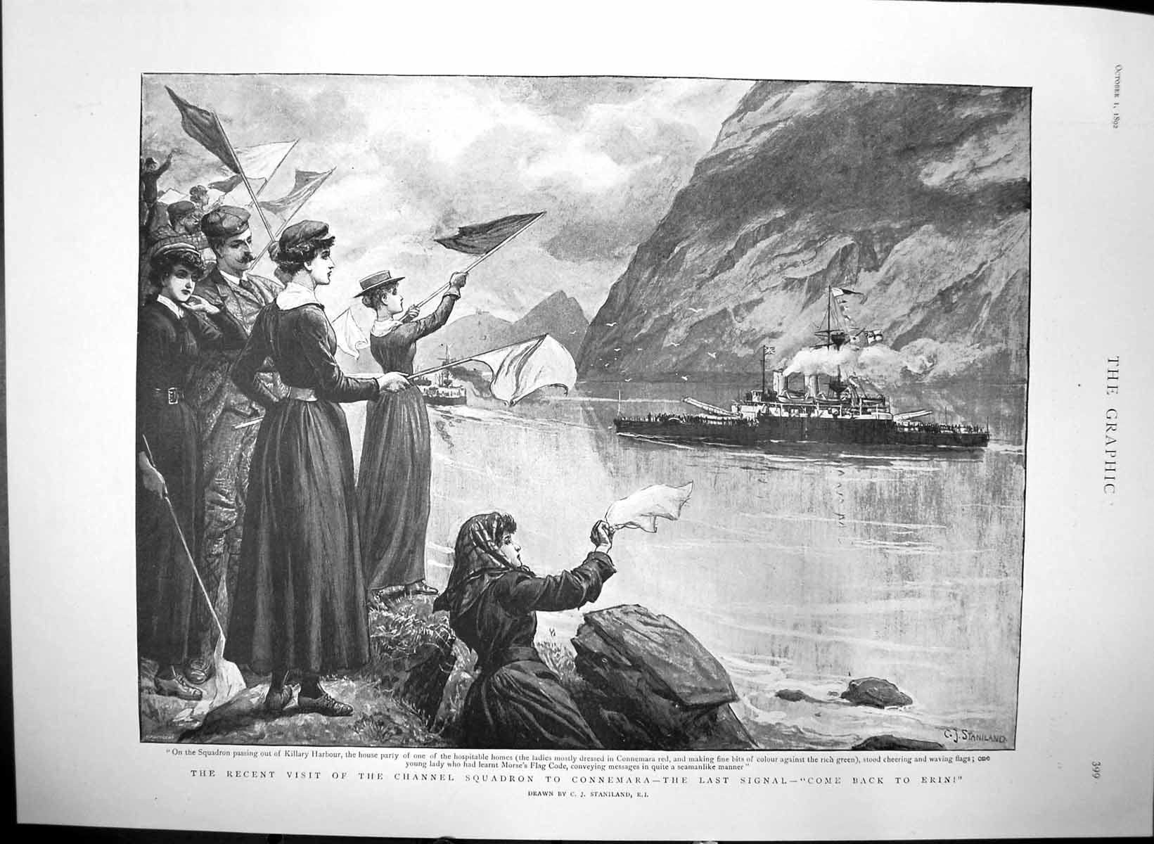 Antique Old Print Visit Channel Squadron Connemara Ladies Waving Flags 1892