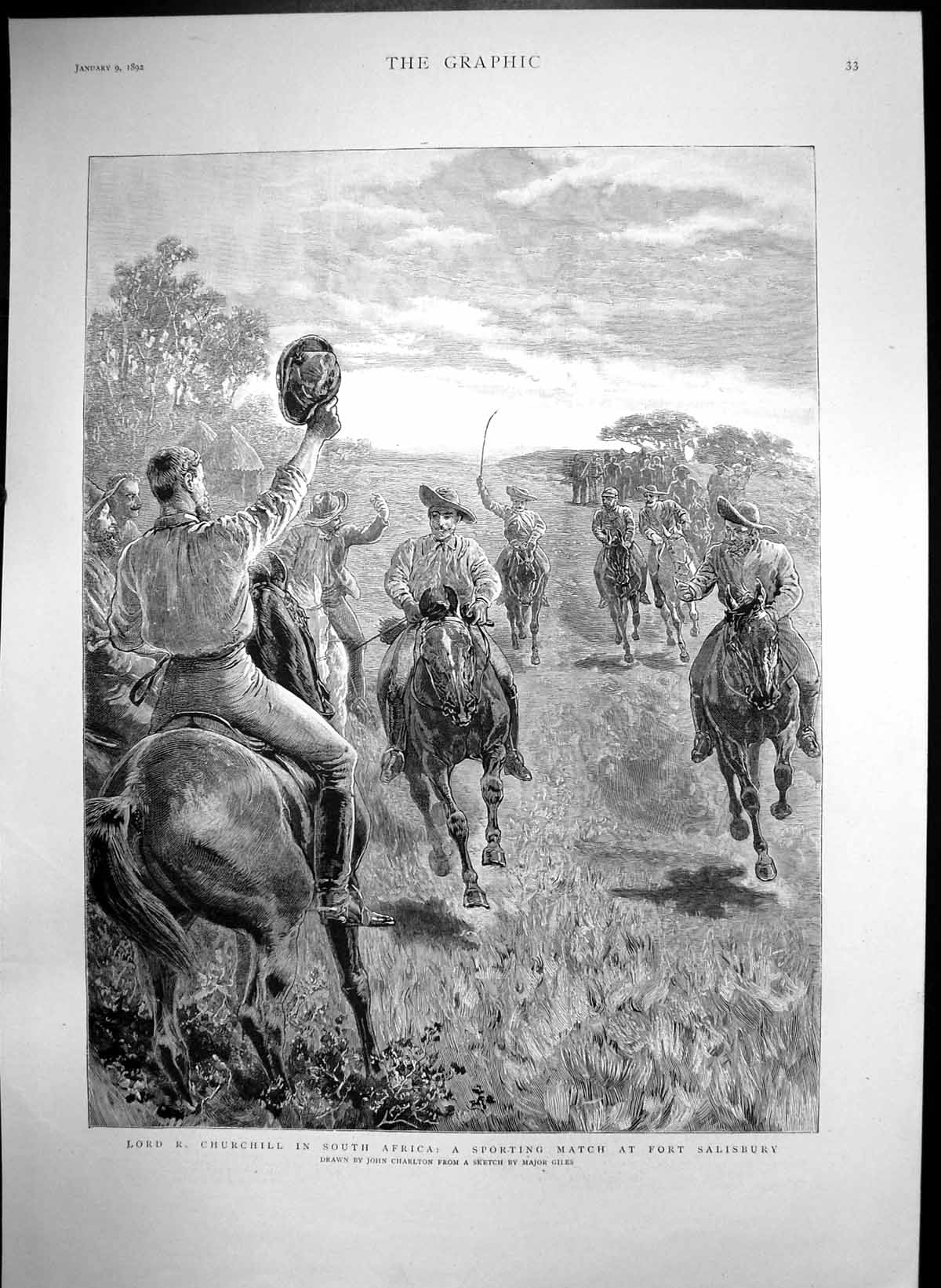 Antique Old Print Lord R Churchill South Africa Sporting Match Salisbury 1892