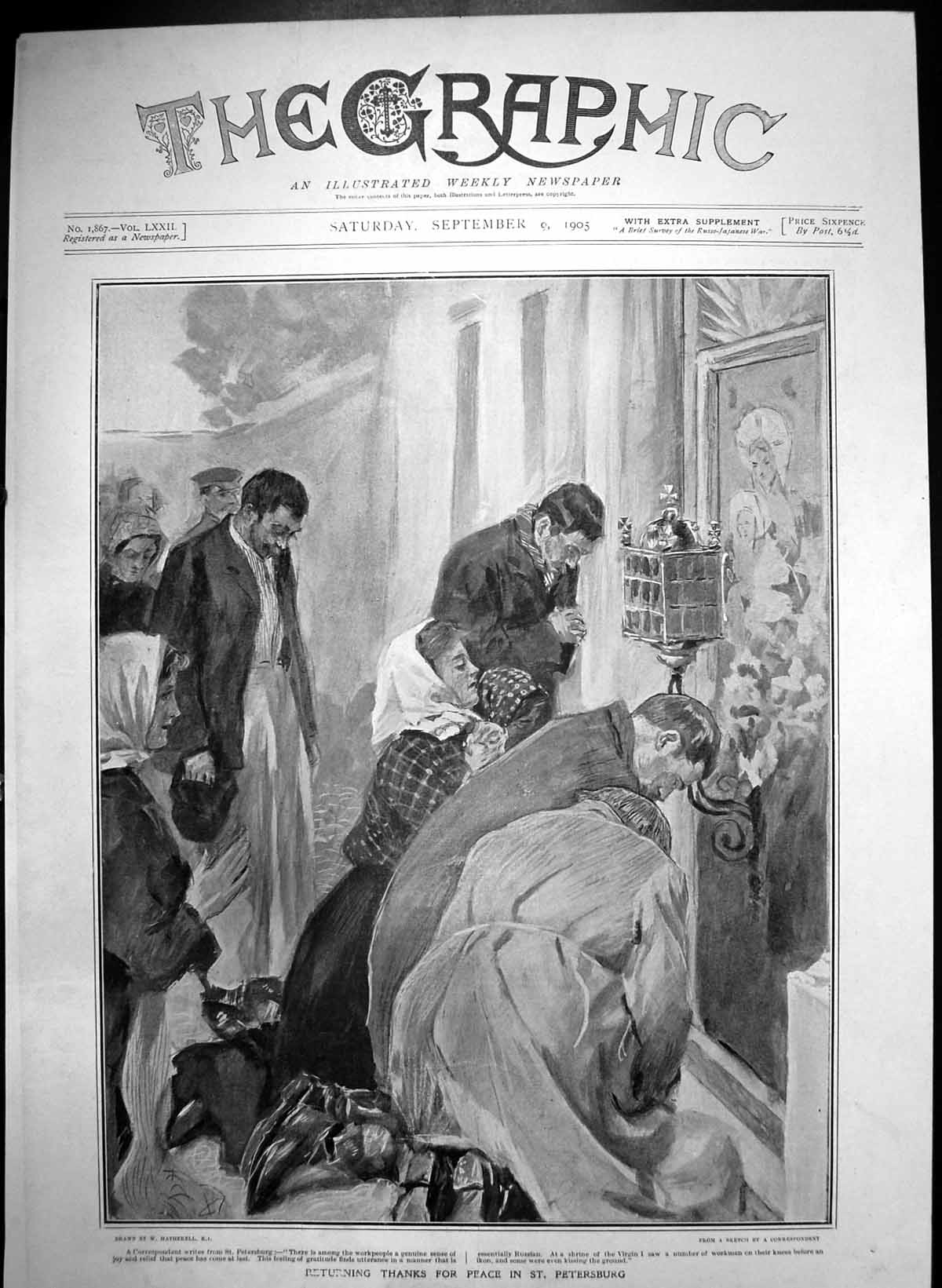Antique Old Print Returning Thanks For Peace St Petersburg Shrine Virgin 1905