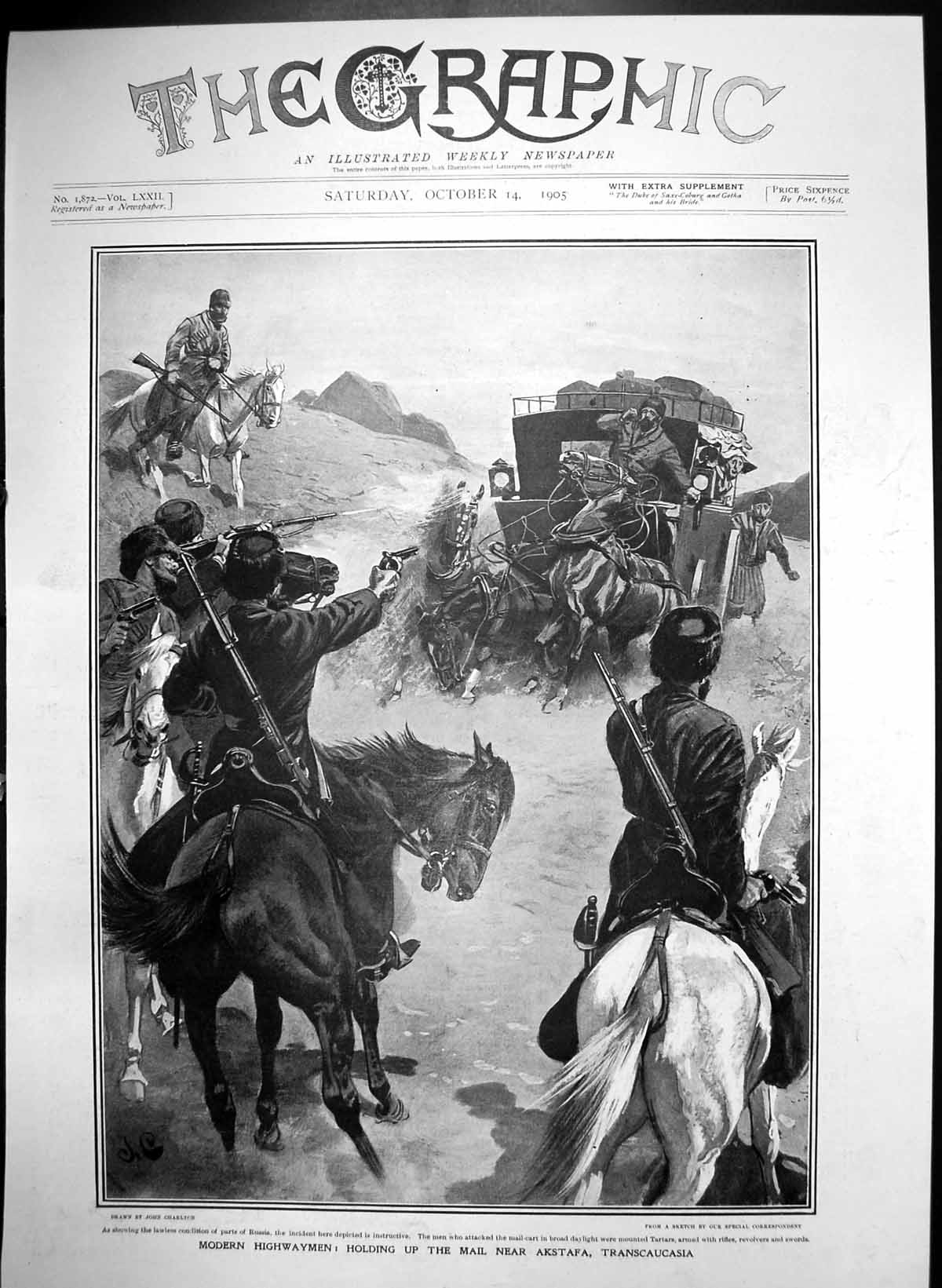 Antique Old Print Modern Highwaymen Hing Up Mail Akstafa Transcaucasia 1905