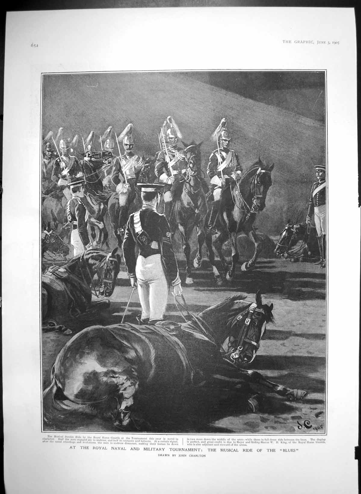 Old Antique Print Royal Naval Military Tournament Musical Ride Blues 1905 20th