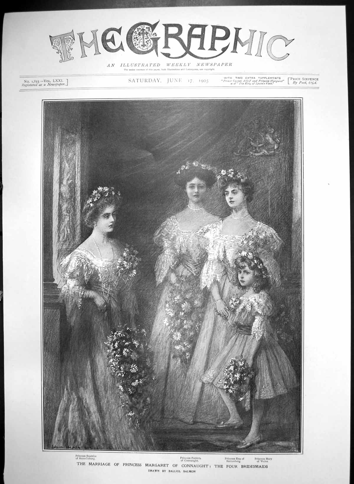 Antique Old Print Marriage Princess Margaret Connaught Four Bridesmaids 1905