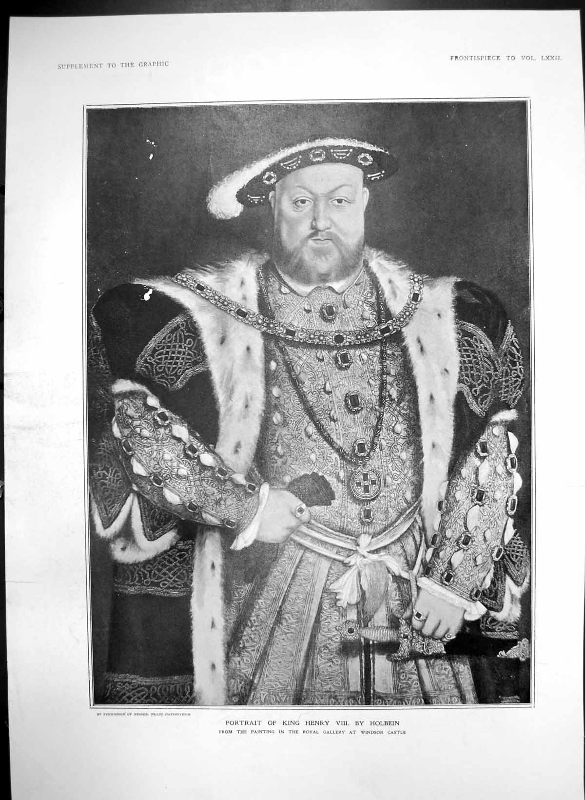 Old Portrait King Henry Viii By Holbein Painting Windsor Castle 1905 20th