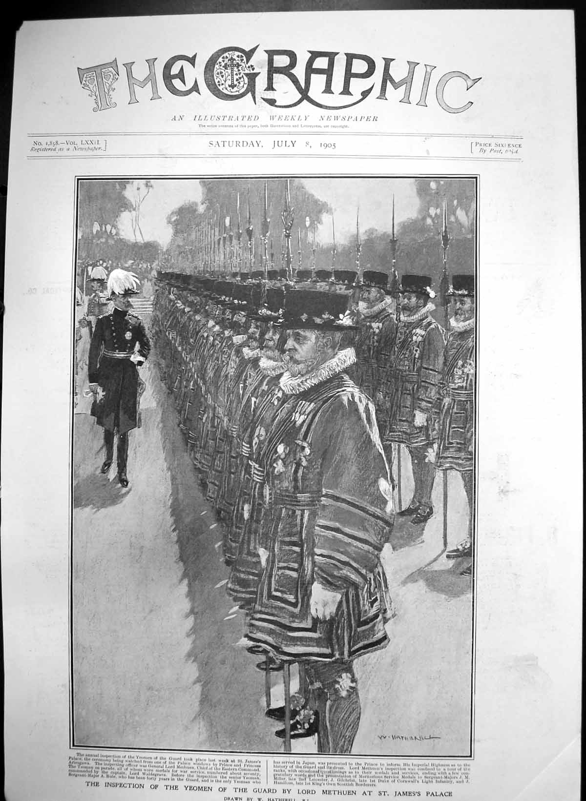 Antique Old Print Inspection Yeomen Guard Lord Methuen St Jamess Palace 1905