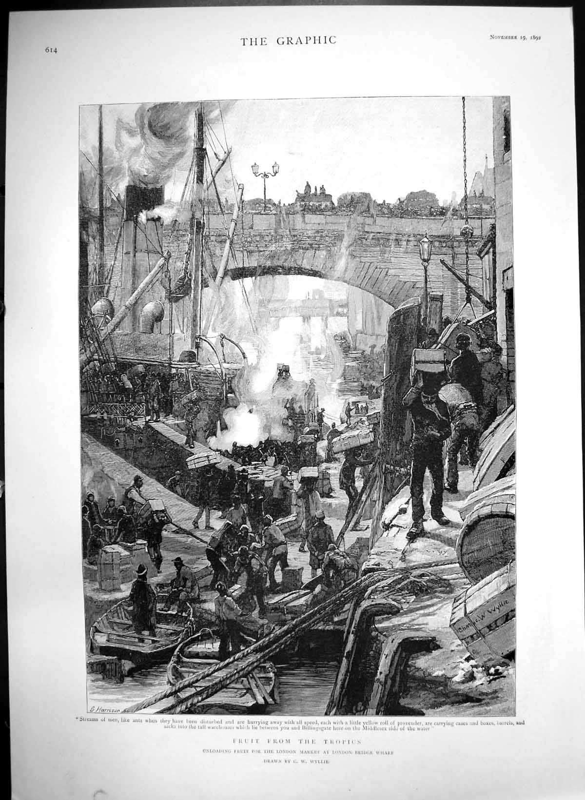 Antique Print Fruit From Tropics Unloading London Market Bridge Wharf 1892 19th