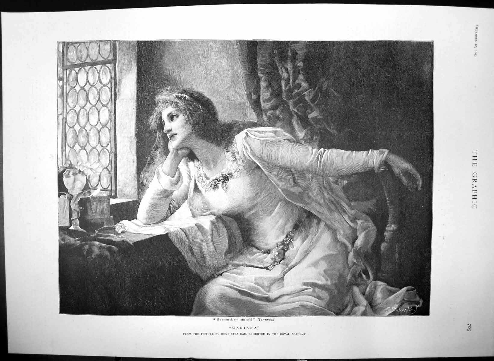 Old Antique Print Marianna Henrietta Rae Lady Window He Cometh Not 1892 19th